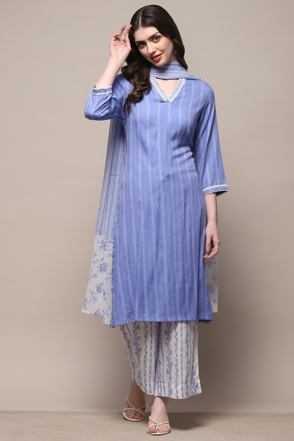 Blue Cotton Blend Straight Suit Set image number 7