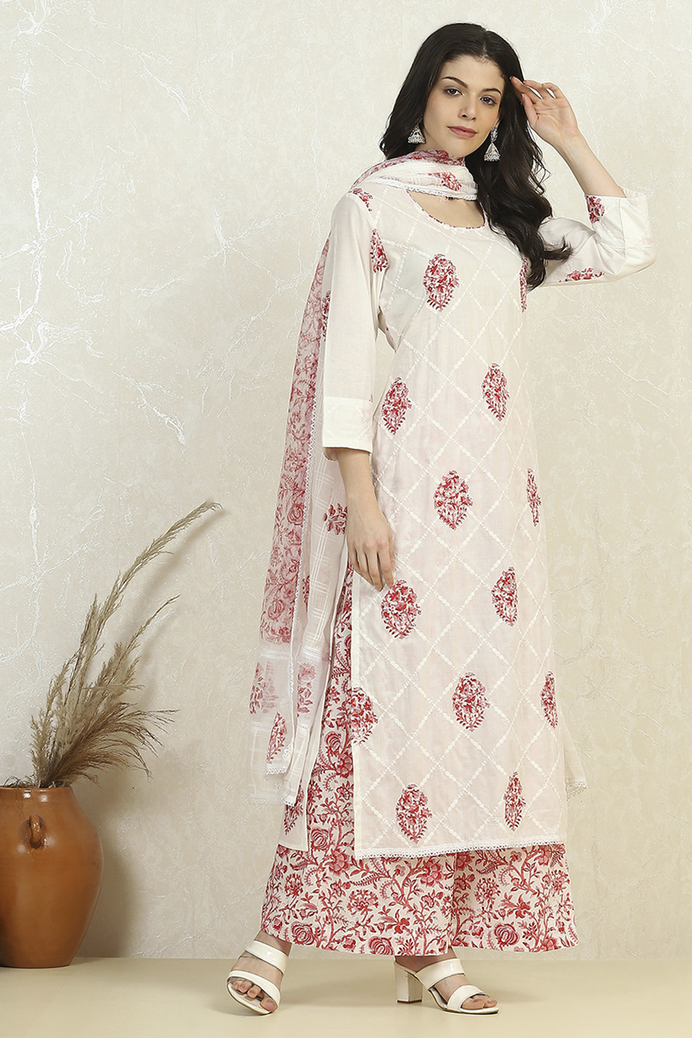 White Pink Cotton Hand Block Print Unstitched Suit Set image number 6