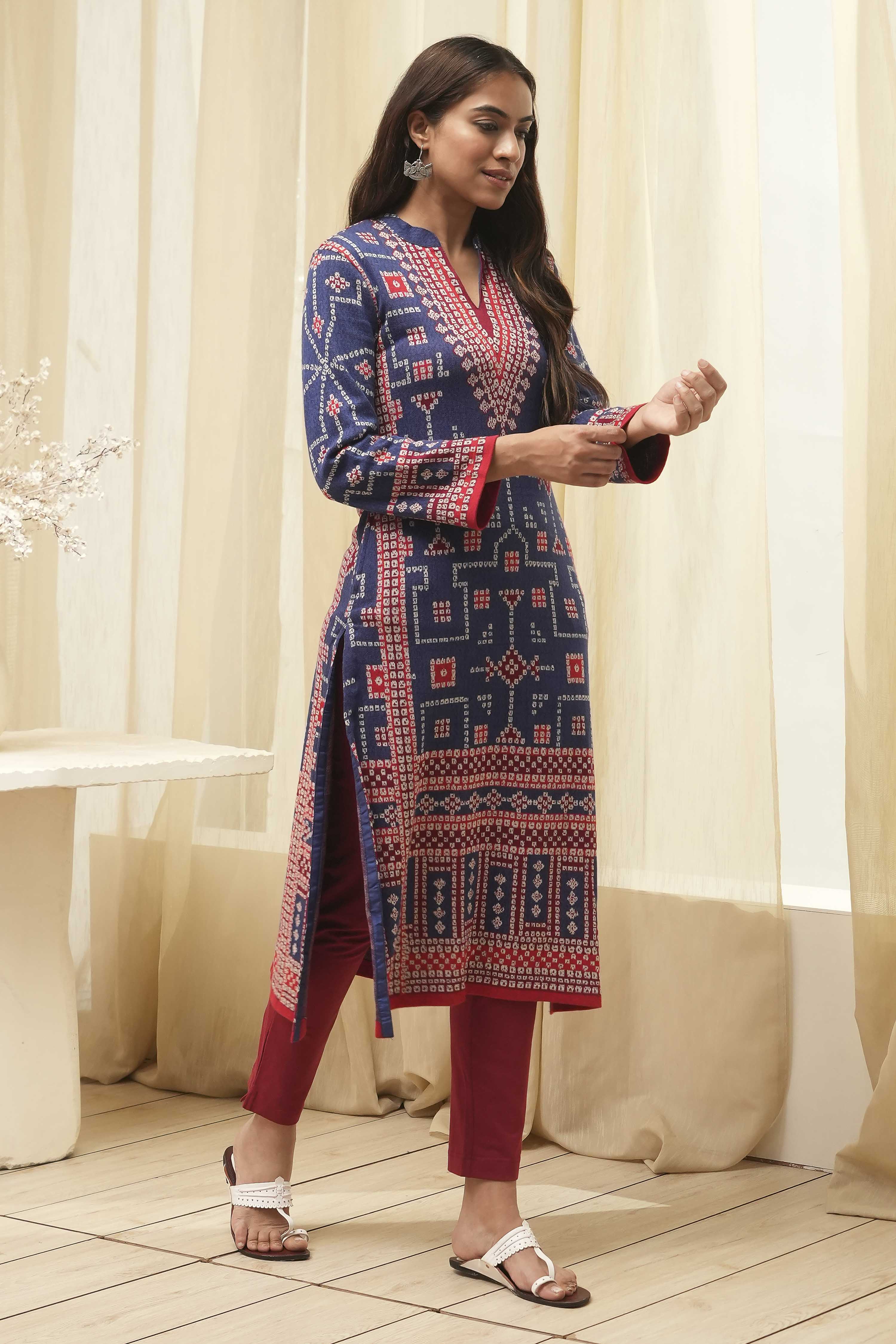 Royal Blue Acrylic Straight Kurta image number 4