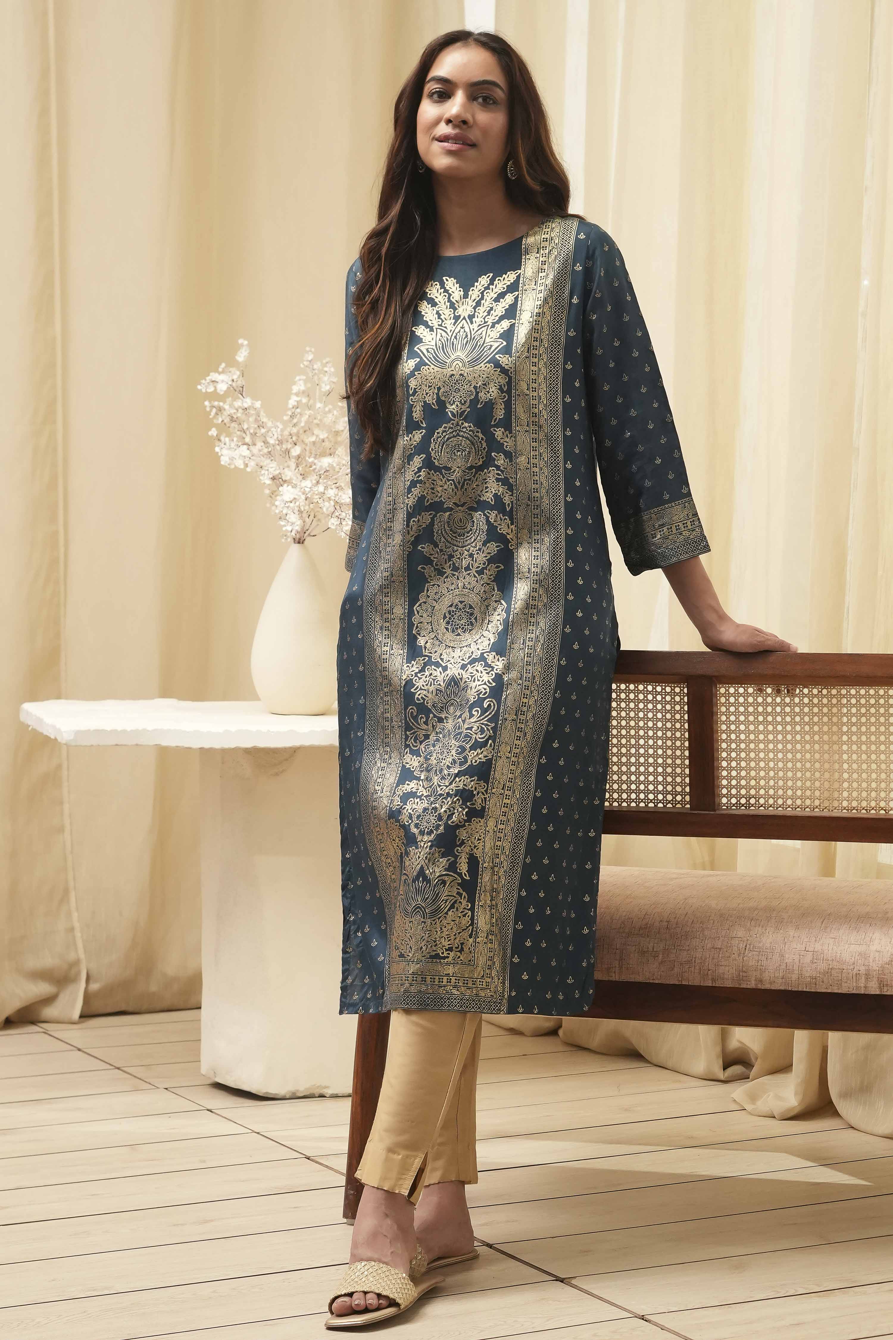 Indigo Rayon A-Line Printed Kurta image number 0