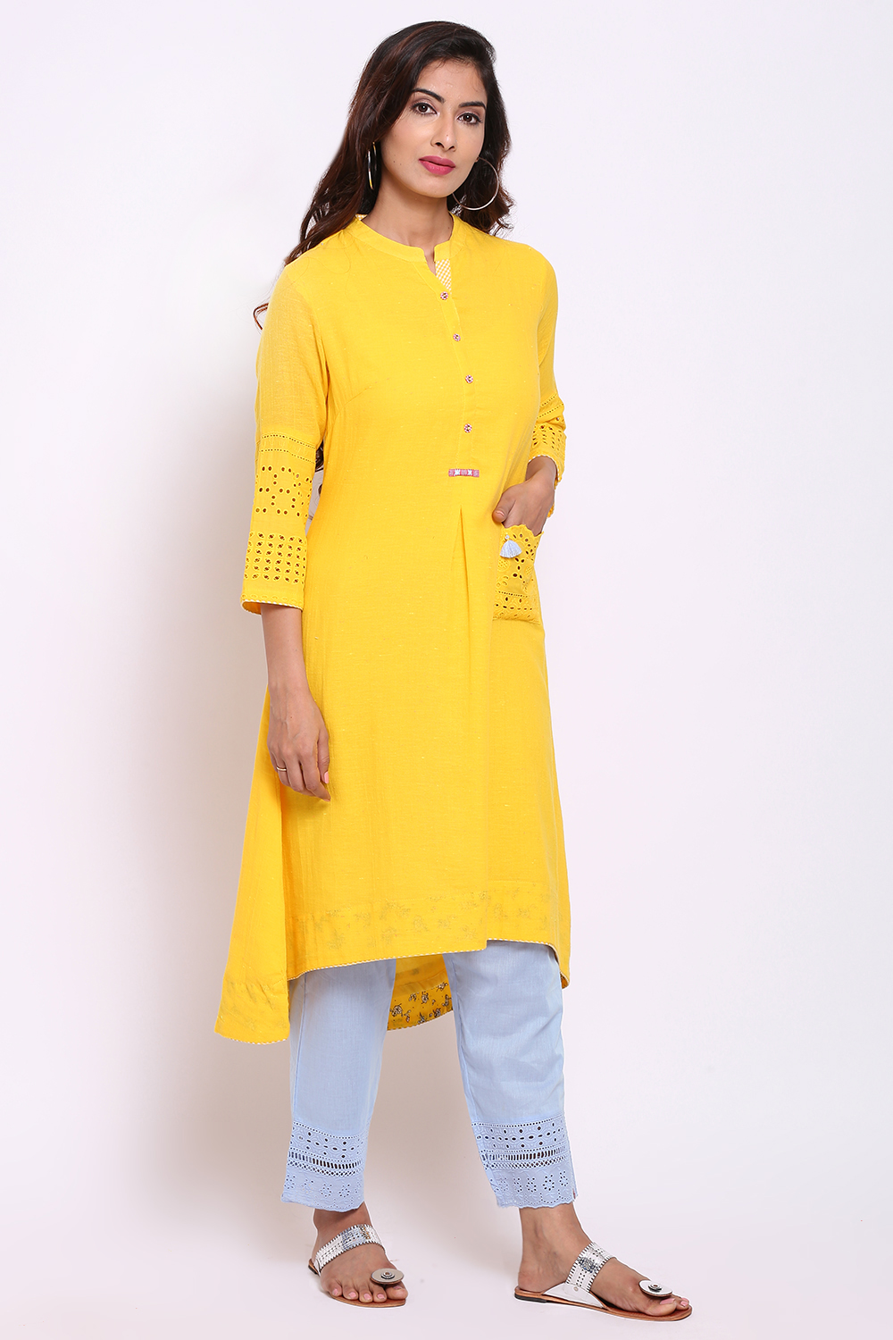 Yellow Cotton A-Line Kurta image number 3