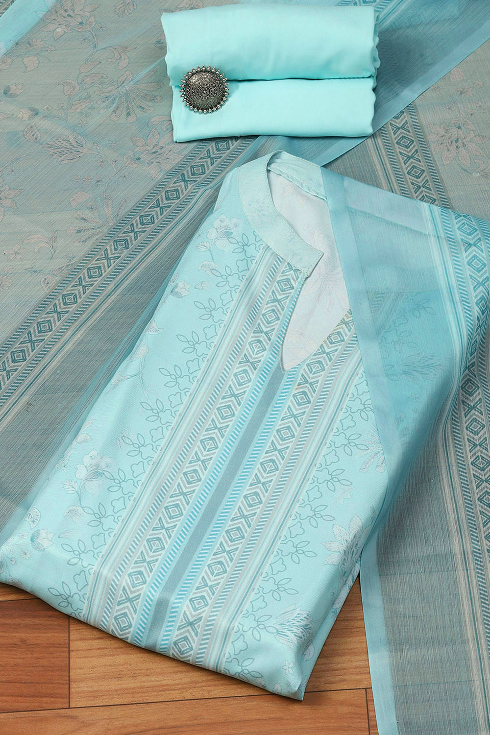 Light Blue Silk Blend Digital Print Unstitched Suit Set image number 0