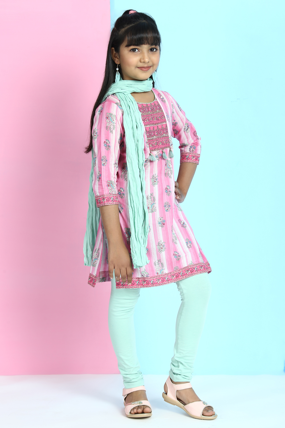 Pink Cotton A-Line Kurta Churidar Suit Set image number 4