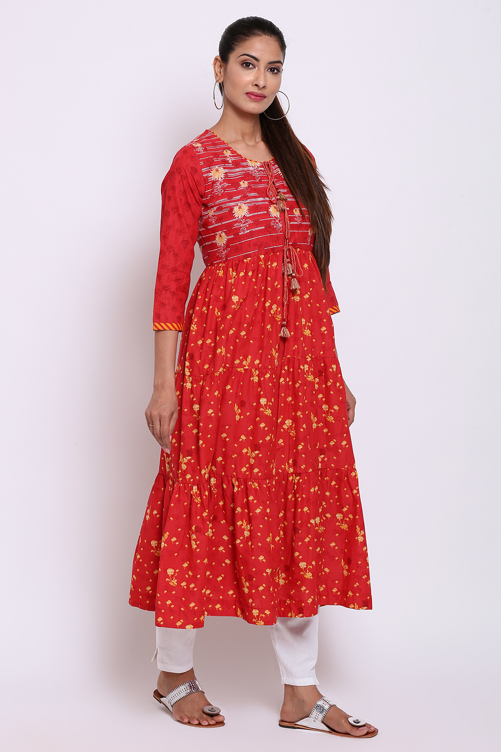 Red Cotton Double Layered Printed Kurta image number 3