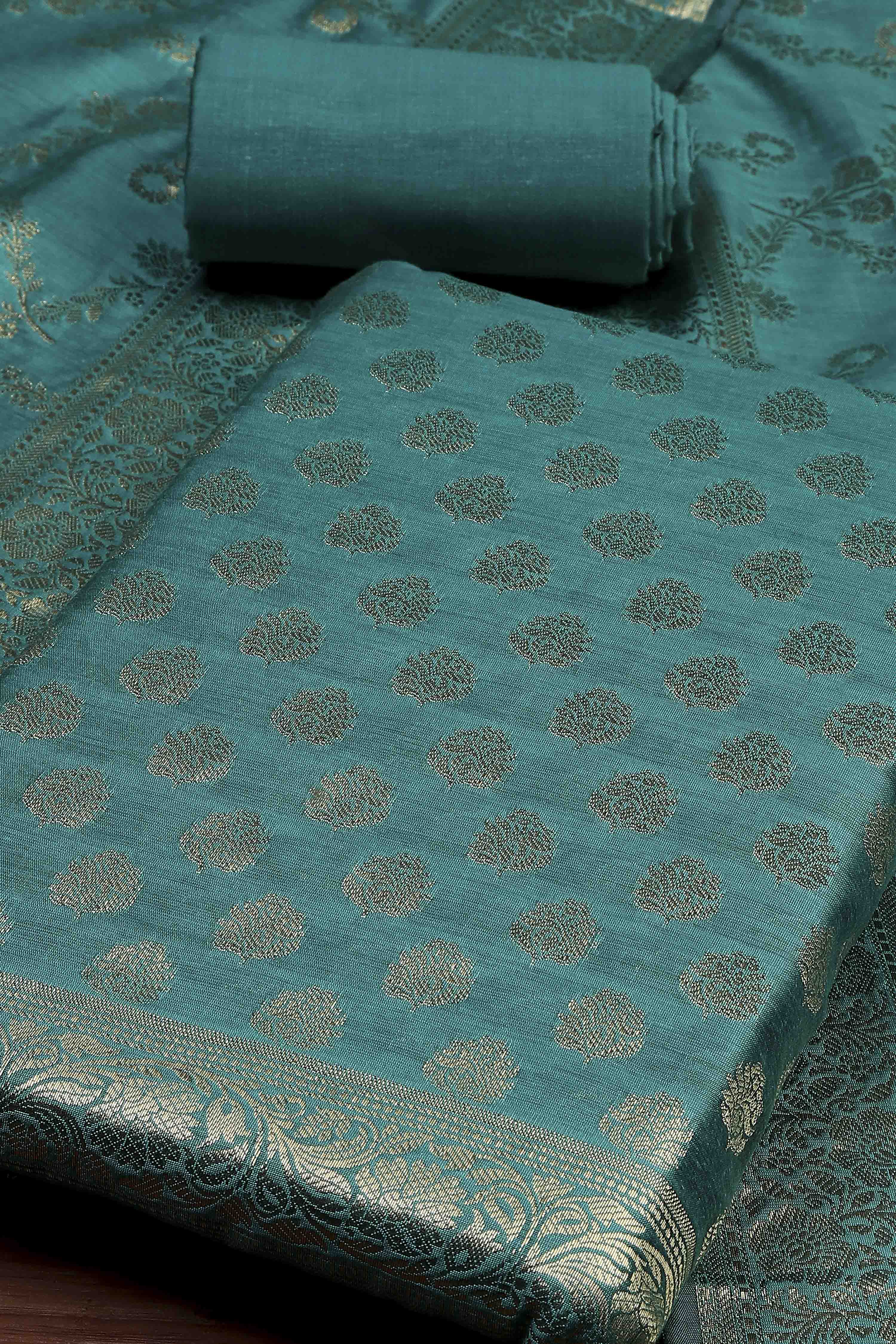 Teal Cotton Printed Embroidered Unstitched Suit Set image number 1