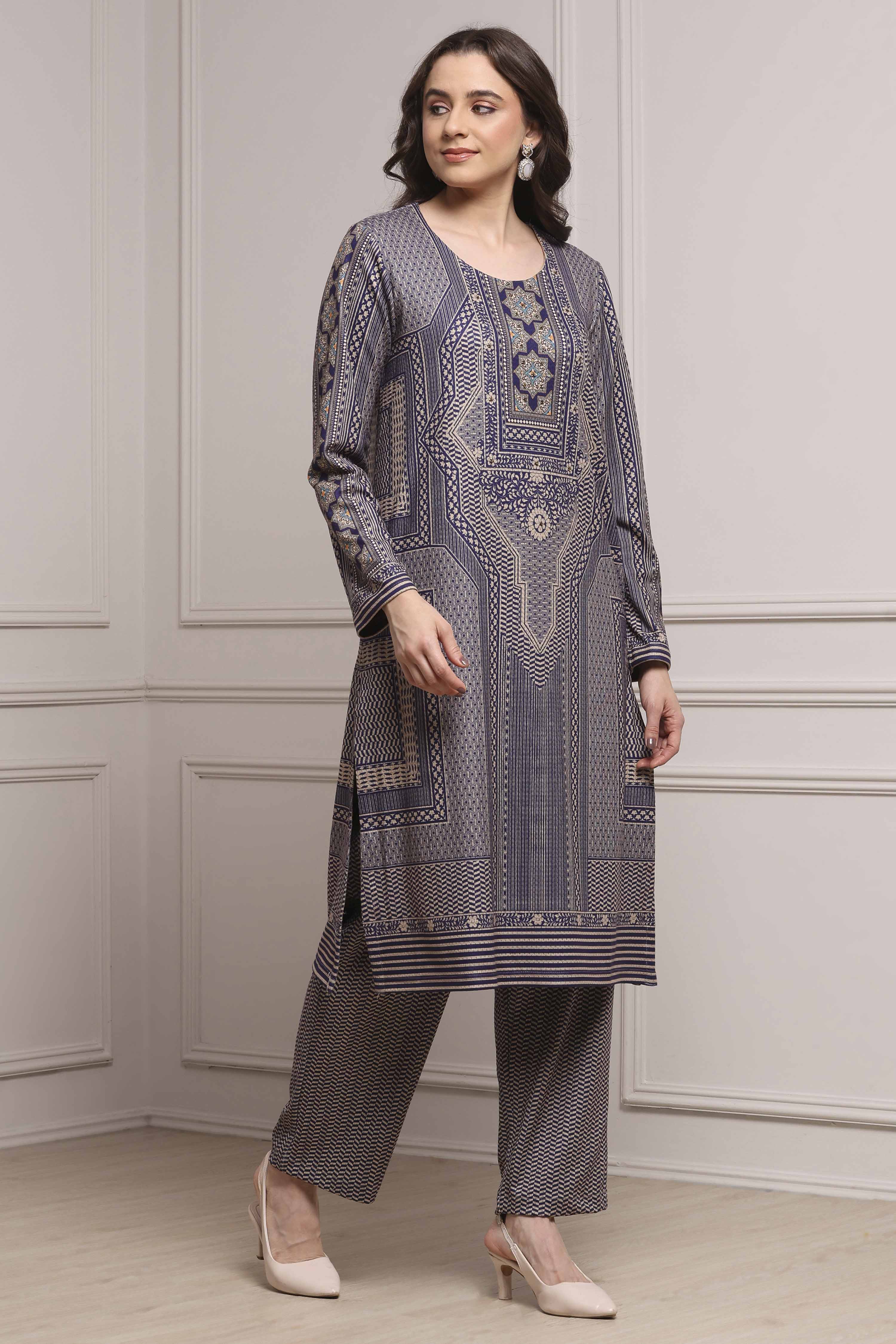 Blue Polyester Straight Printed Kurta Pants Set image number 5