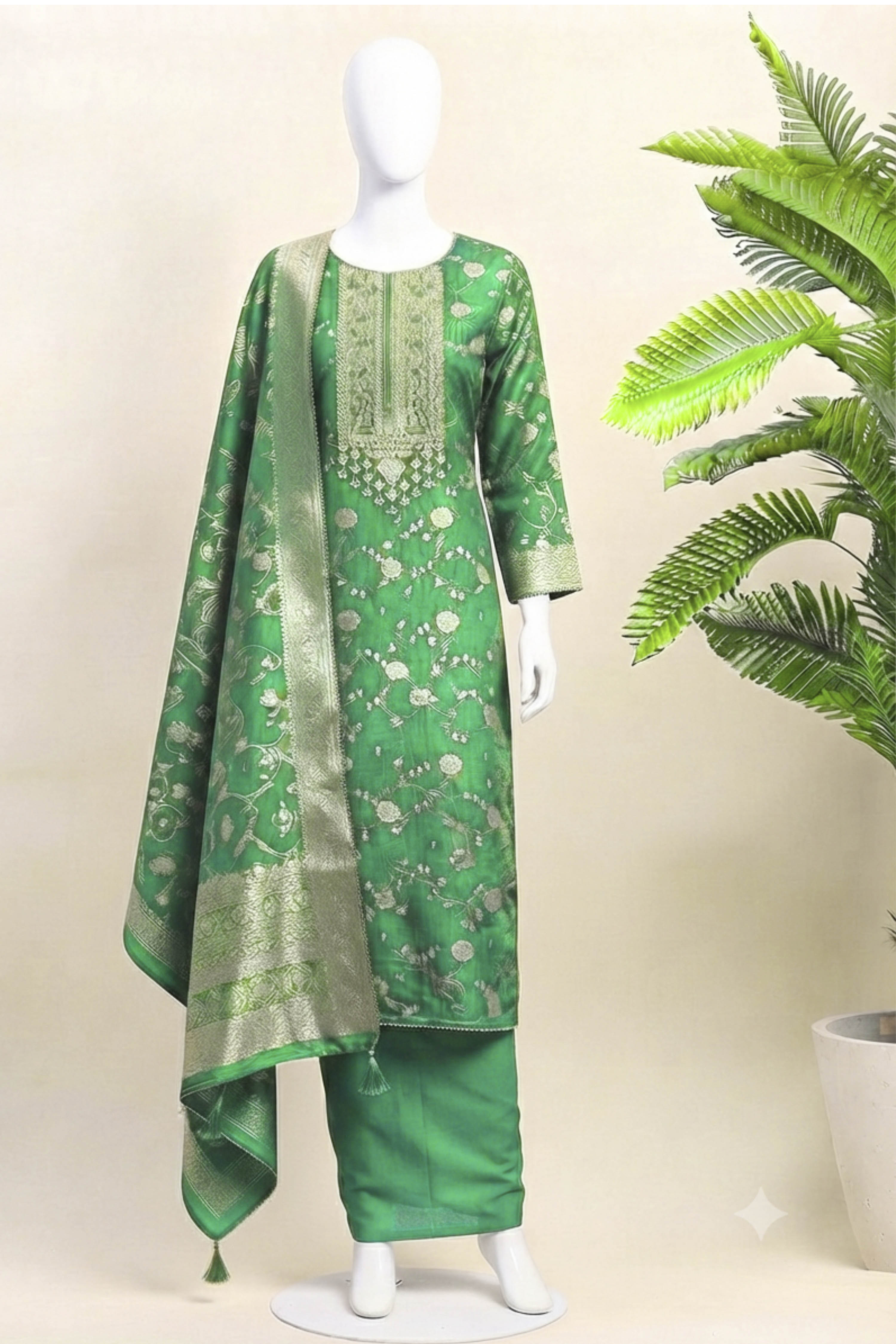 Teal Jacquard Printed Unstitched Suit Set image number 5