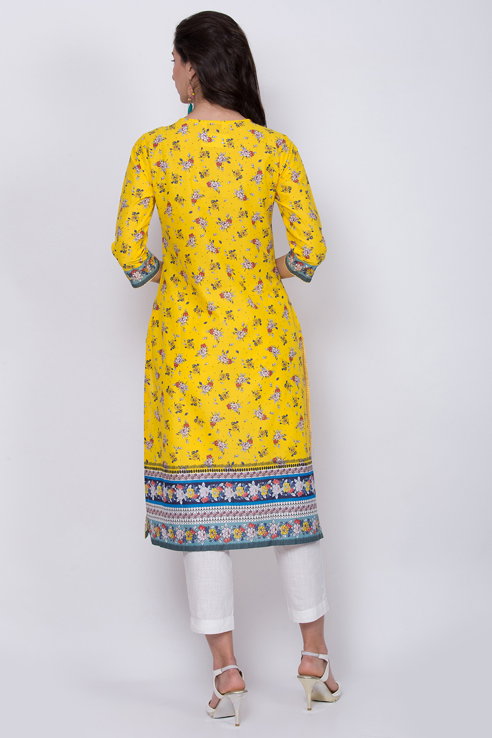 Yellow Cotton Straight Printed Kurta image number 4