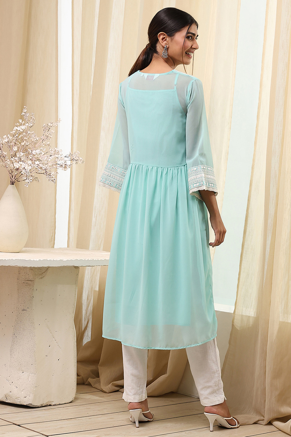 Aqua Polyester Straight Kurta image number 3