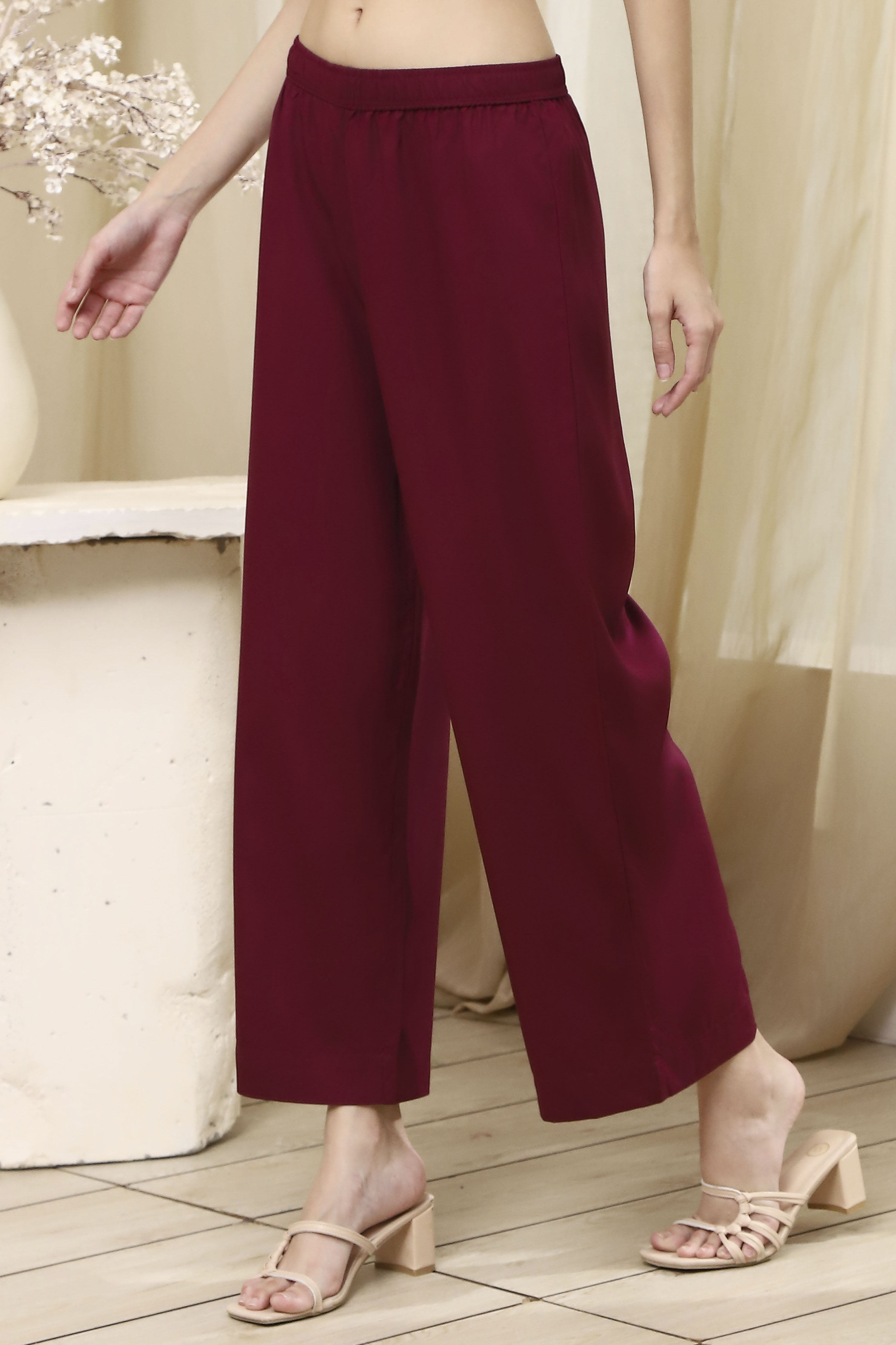Berry Maroon Solid Straight Palazzos image number 3