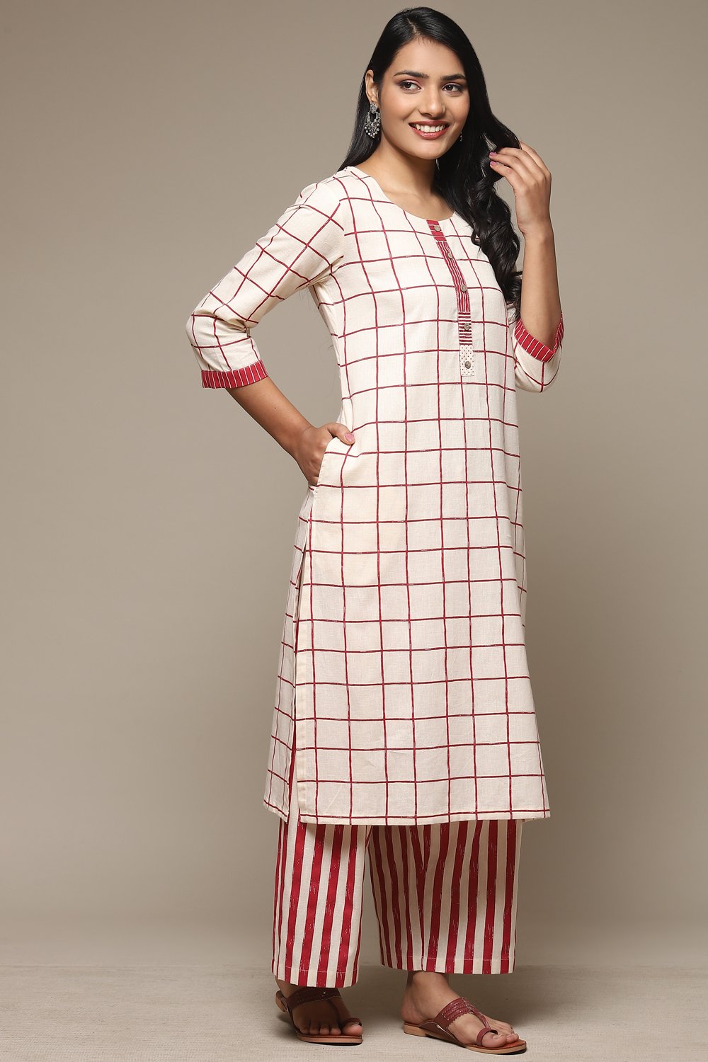 Natural & Blue Cotton Blend Straight Kurta Palazzo Suit Set image number 5