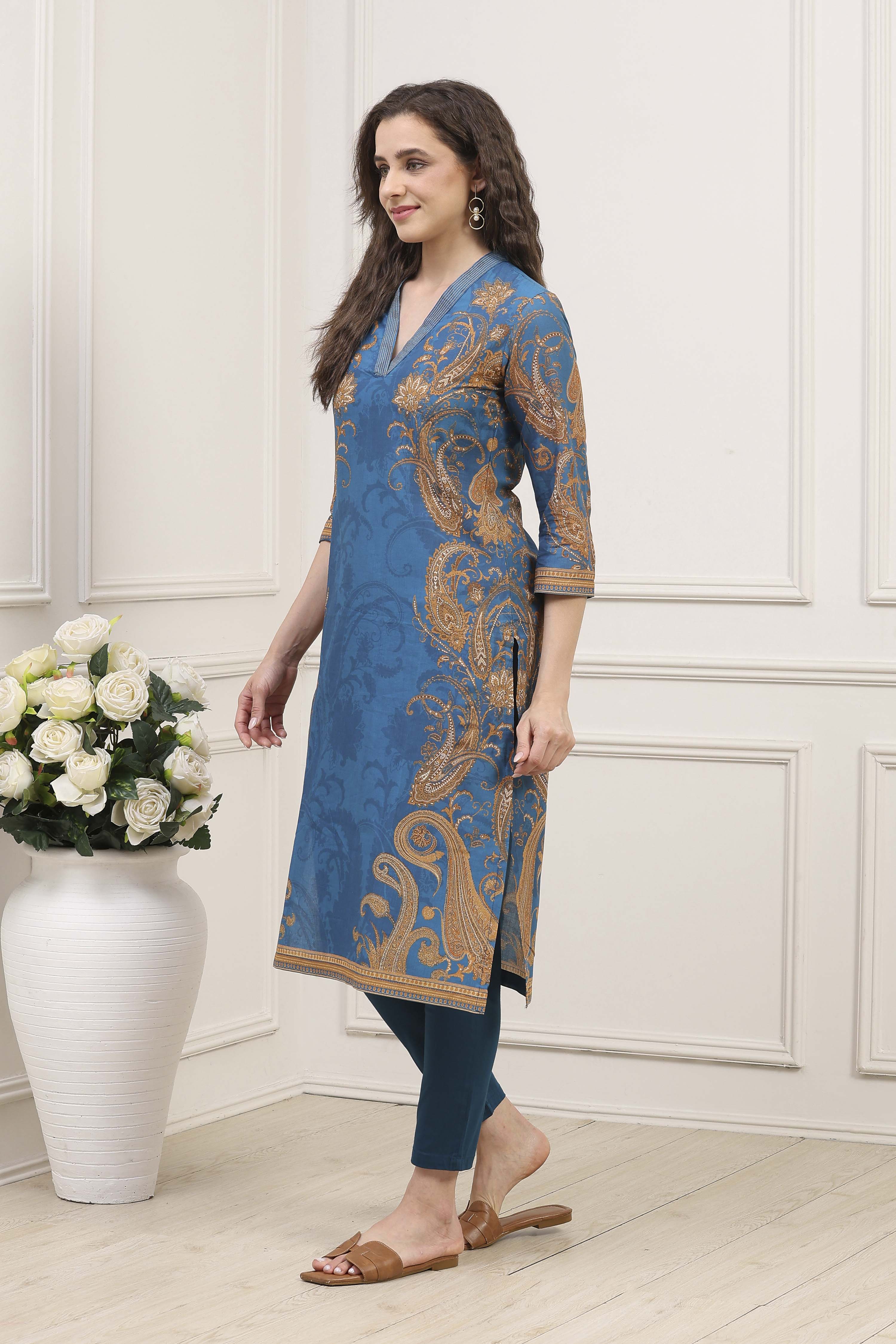 Blue Cotton A-Line Printed Kurta image number 2