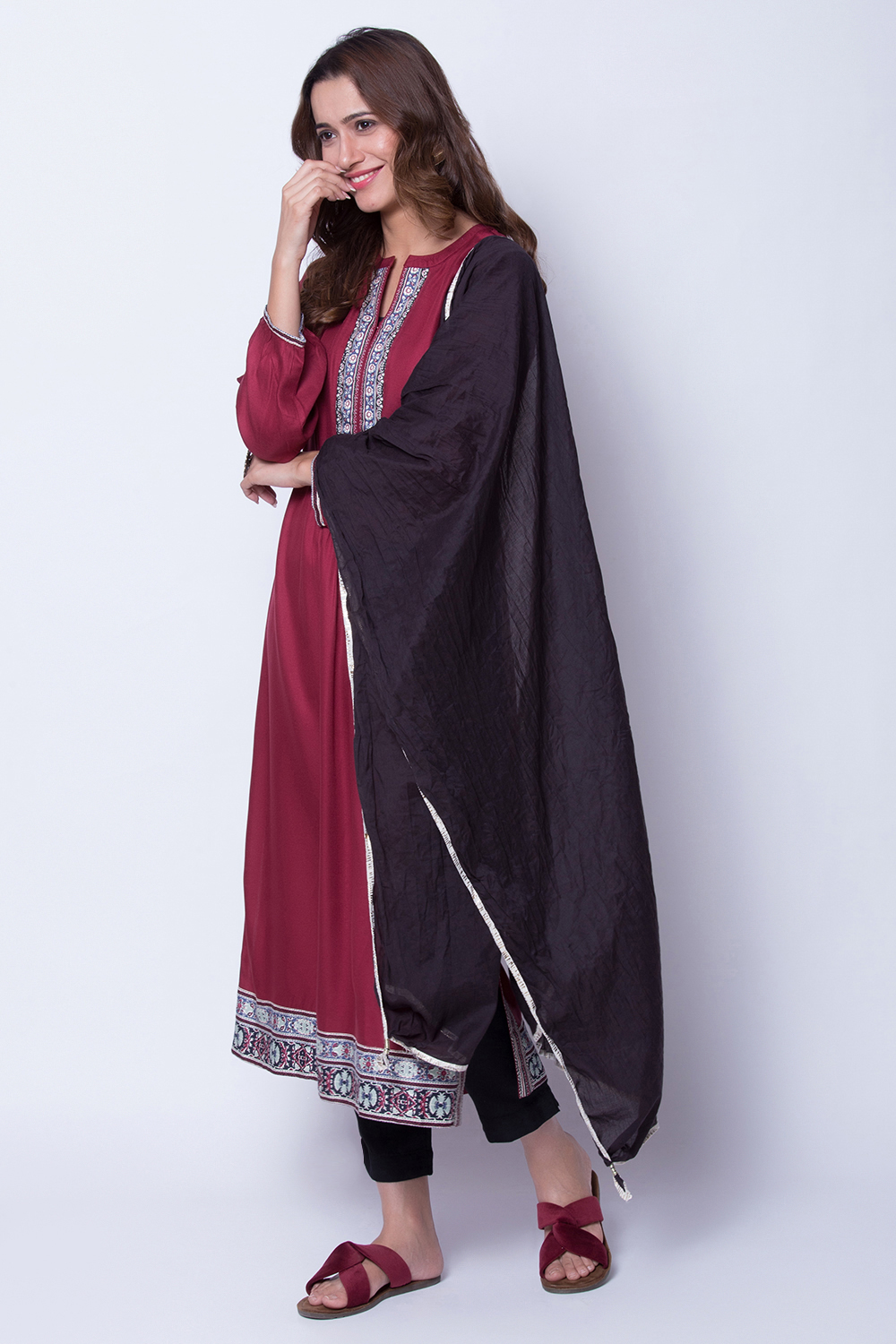 Black Cotton Crushed Printed Dupatta image number 0