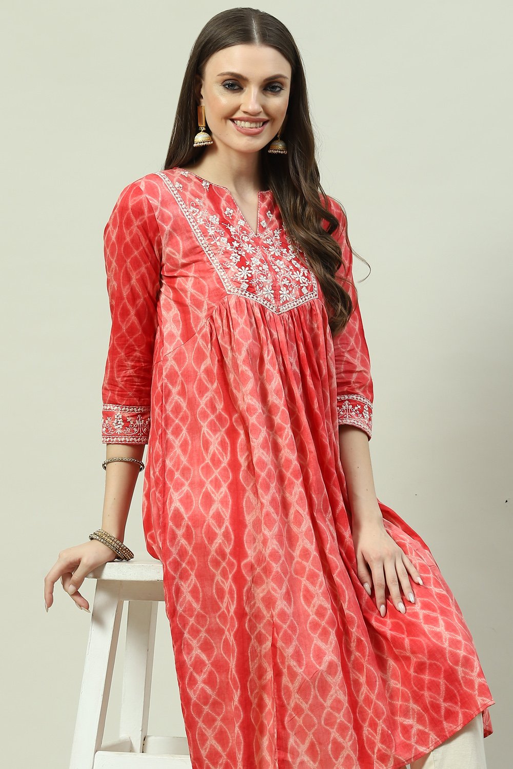 Red Cotton Flared Printed Kurta image number 0