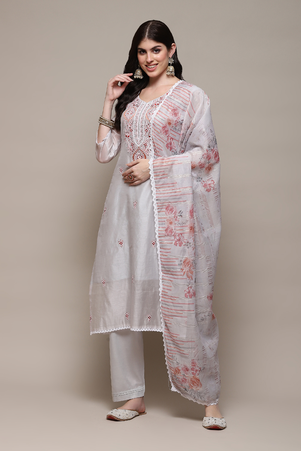 Grey Chanderi Blend Machine Embroidered Unstitched Suit Set image number 1