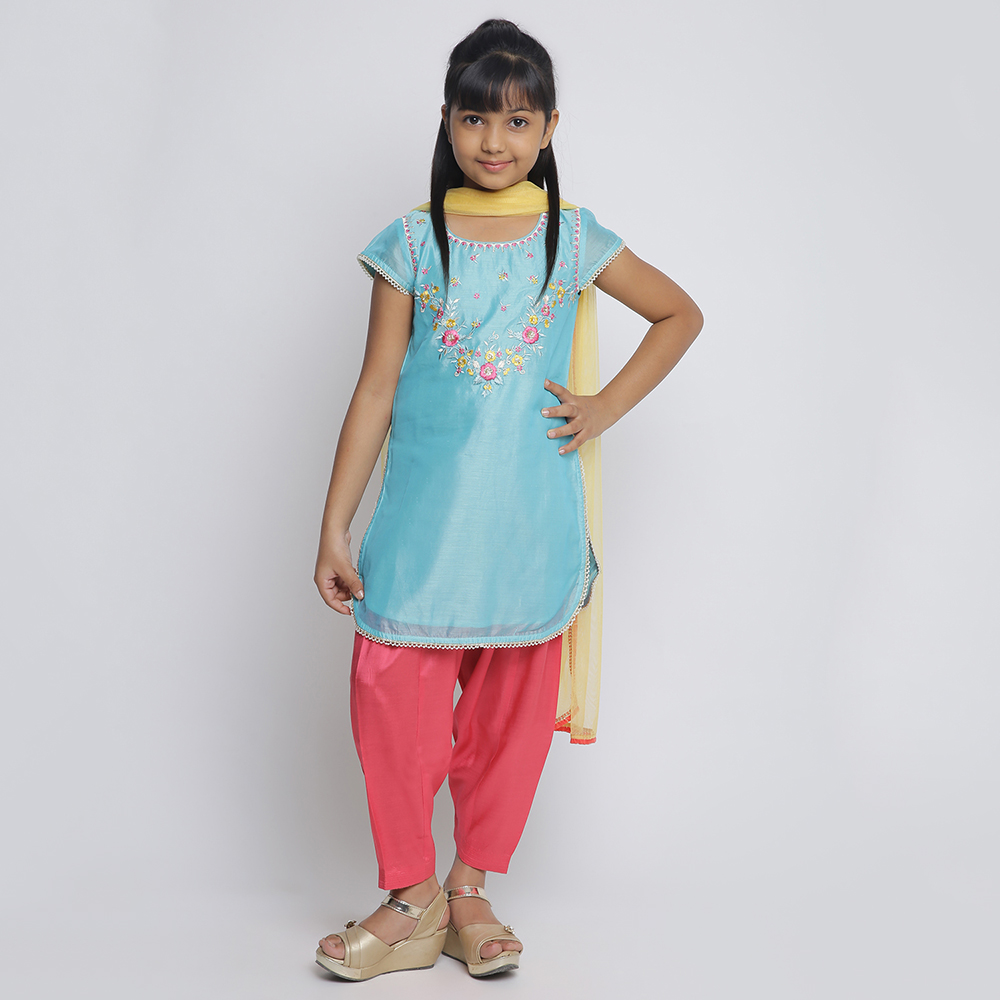 Turquoise Poly Cotton Straight Kurta Salwar Suit Set image number 0
