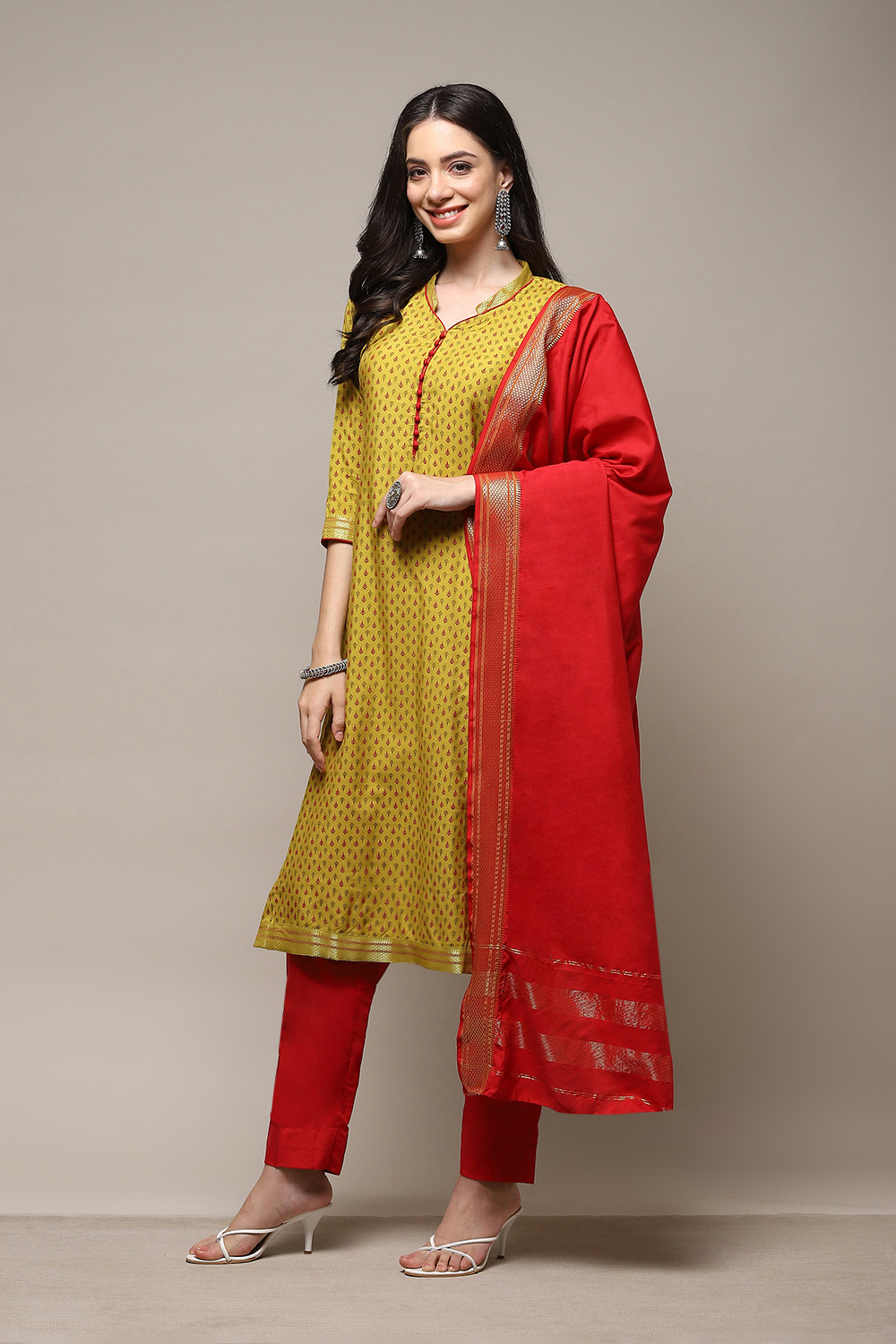 Yellow Cotton Handloom Unstitched Suit Set image number 6