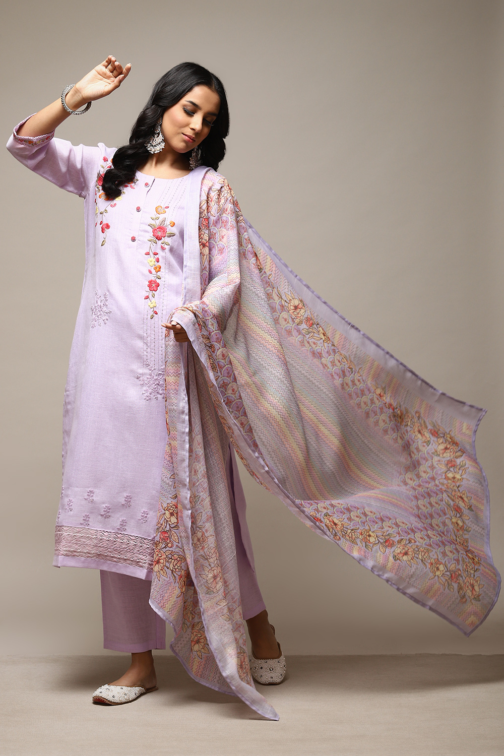 Lavender Linen Machine Embroidered Unstitched Suit Set image number 10