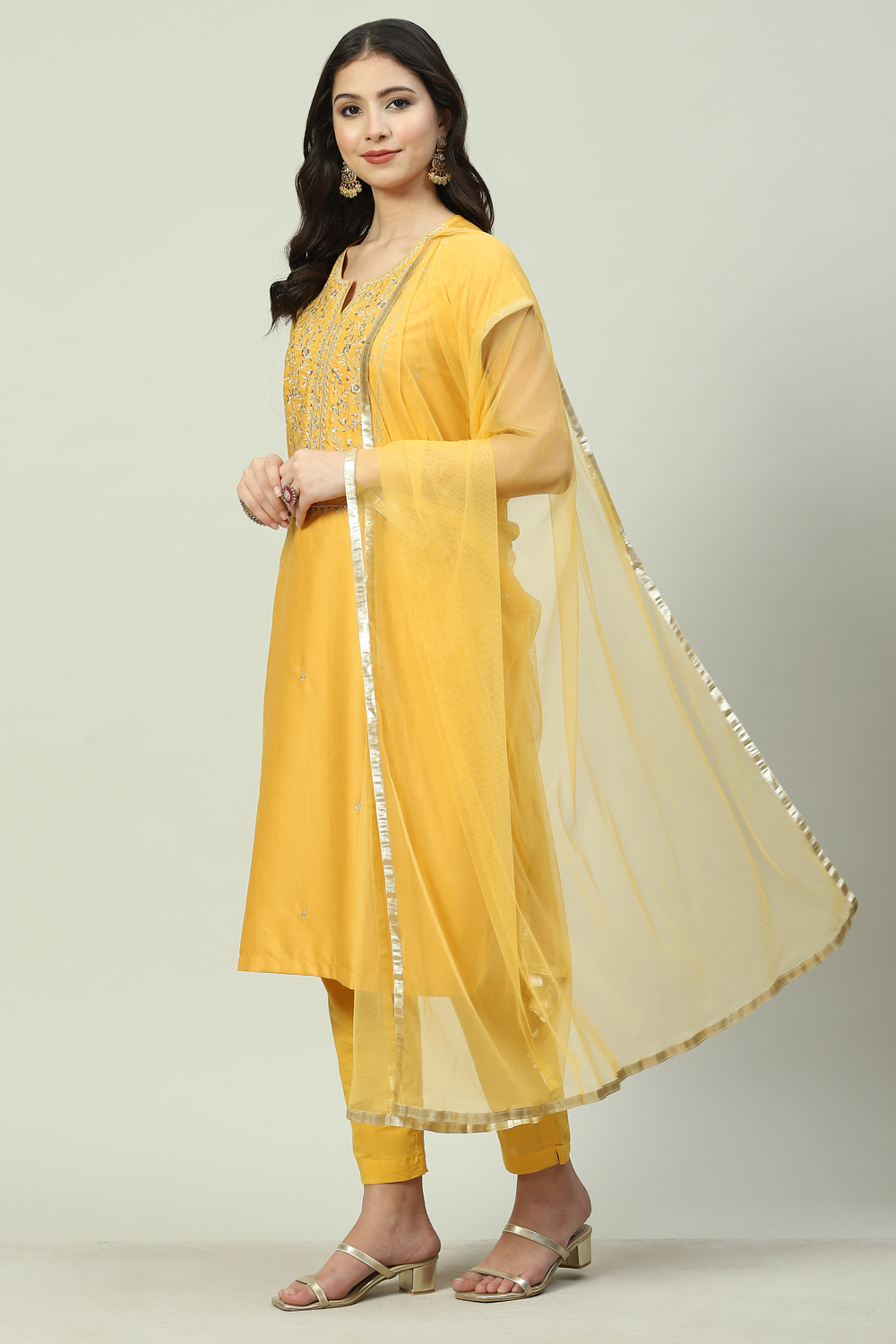 Mustard Art Silk Straight Kurta Slim Pant Suit Set image number 5