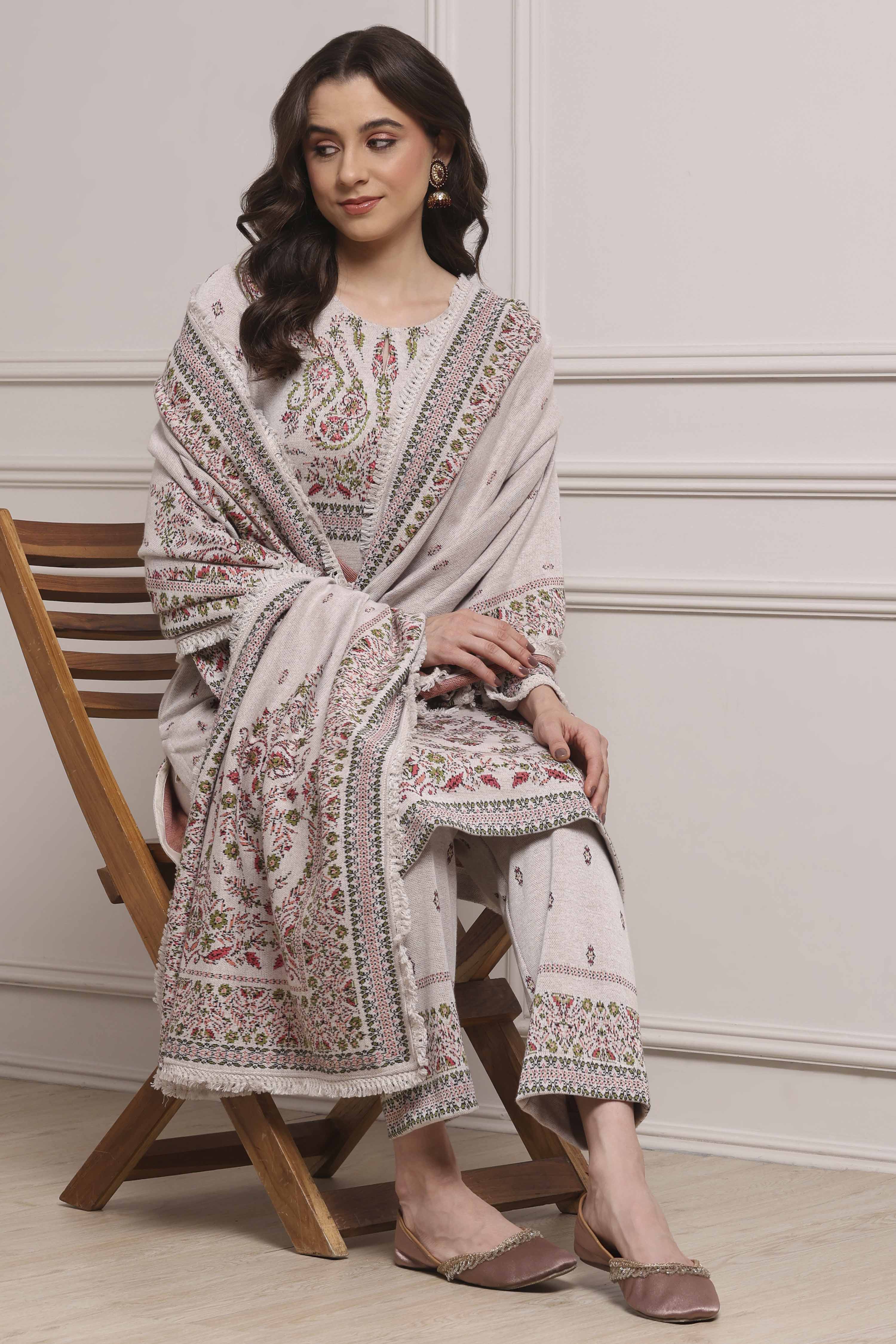 Ivory Cotton Blend Yarndyed Straight Suit Set image number 0