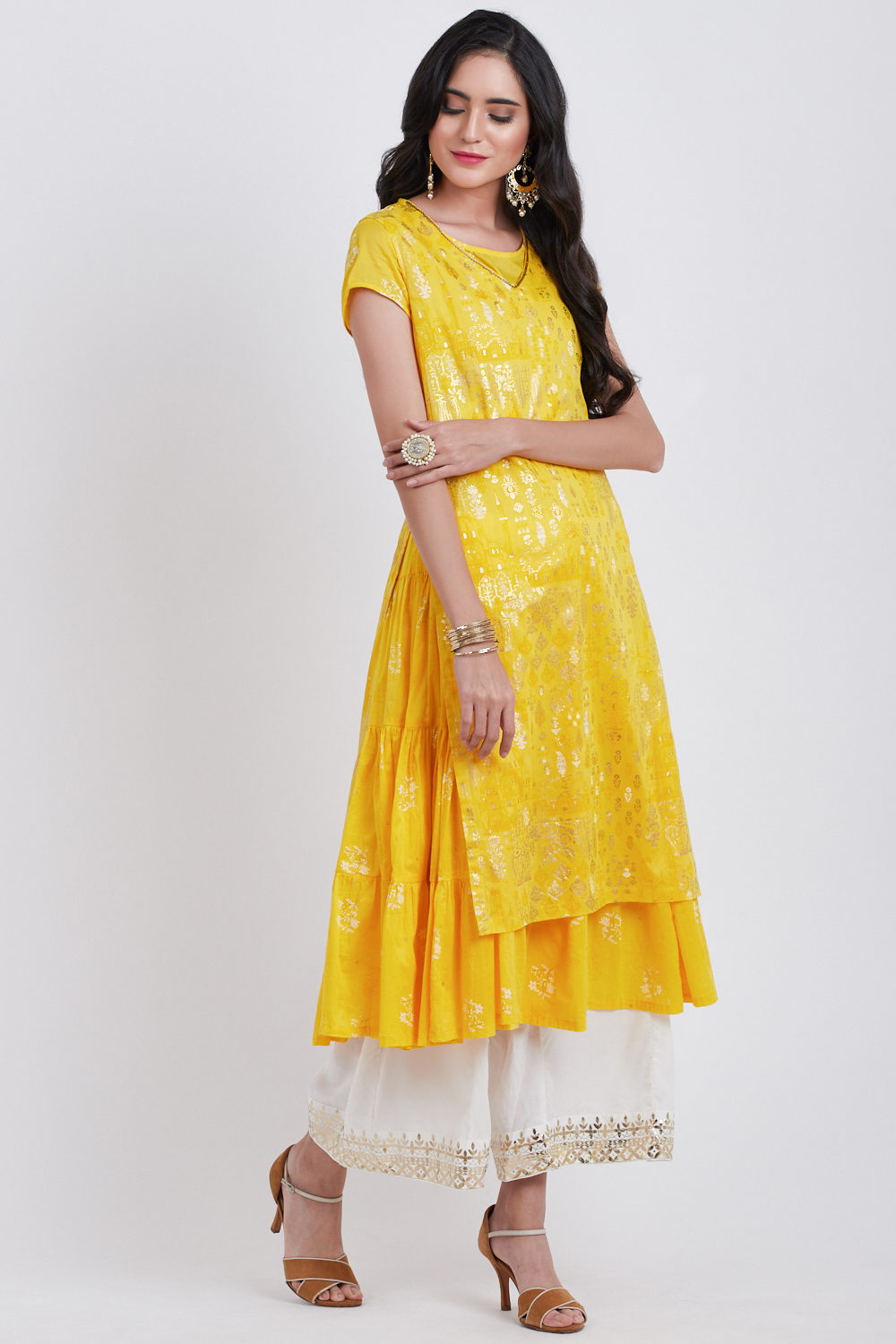 Yellow Cotton Flared Printed Kurta image number 0