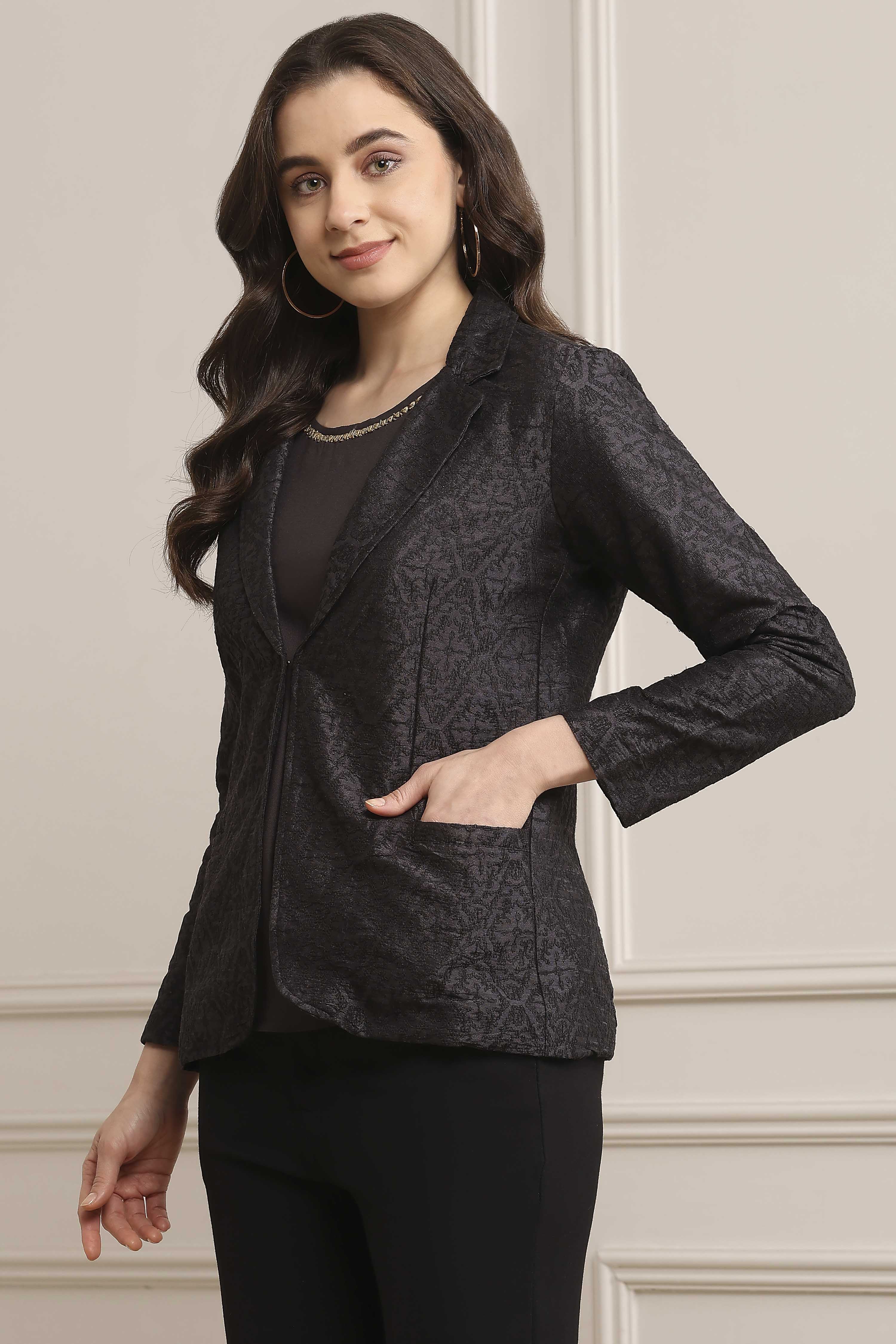 Coral & Black Polyester Embroidered Jacket image number 2