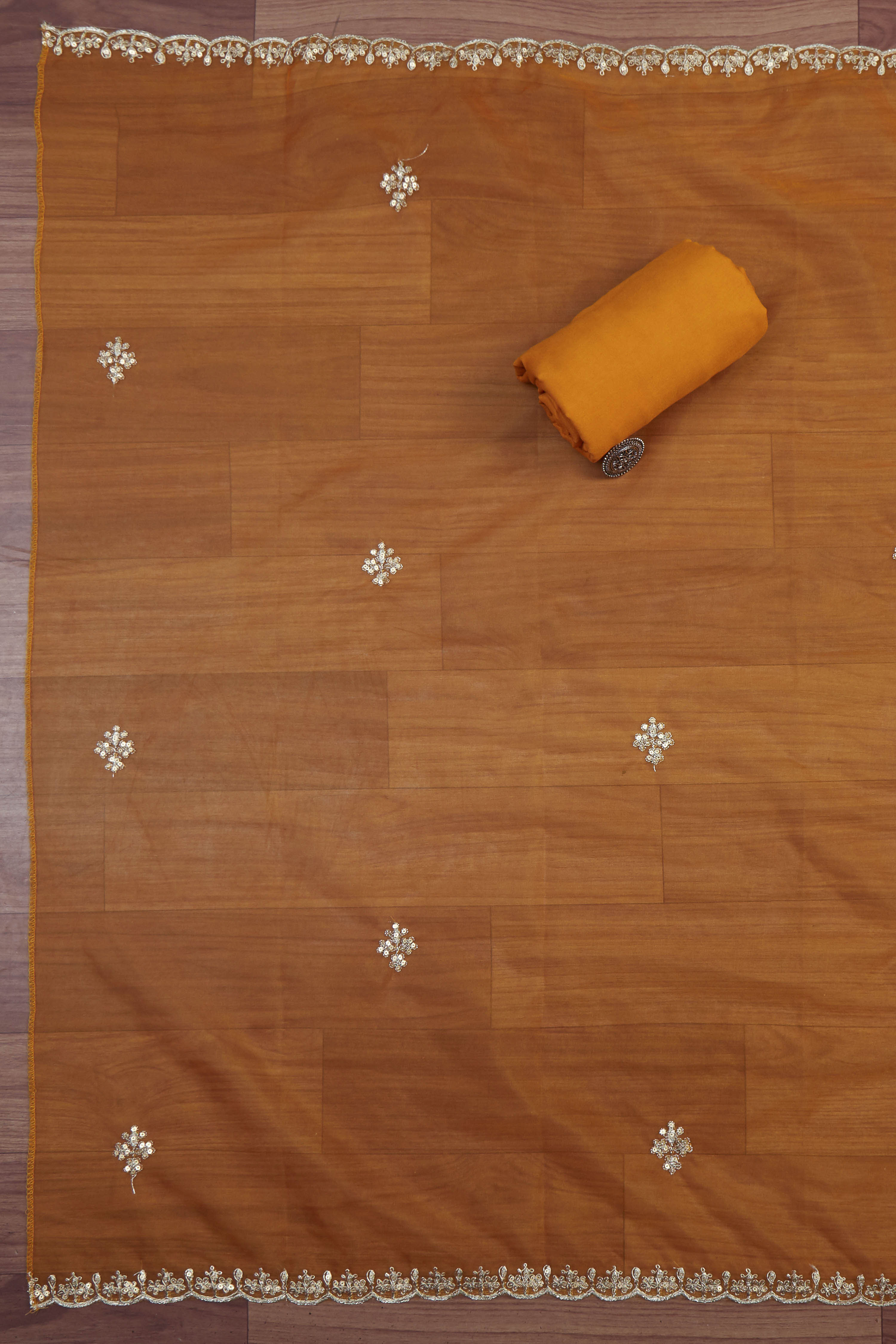 Yellow Organza Rajasthani Print Unstitched Suit Set image number 3