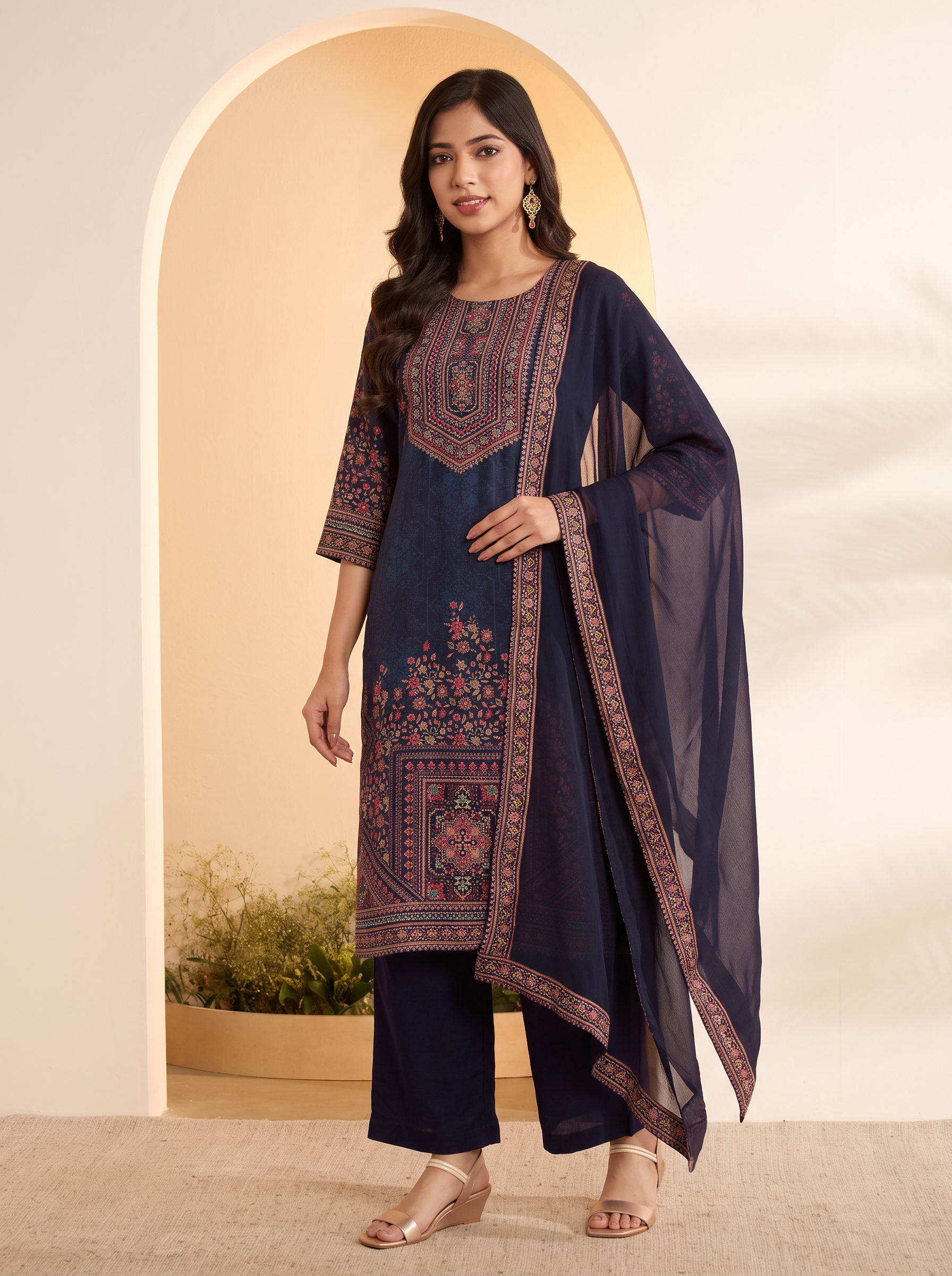 Blue Viscose Silk Printed Straight Kurta Set image number 7