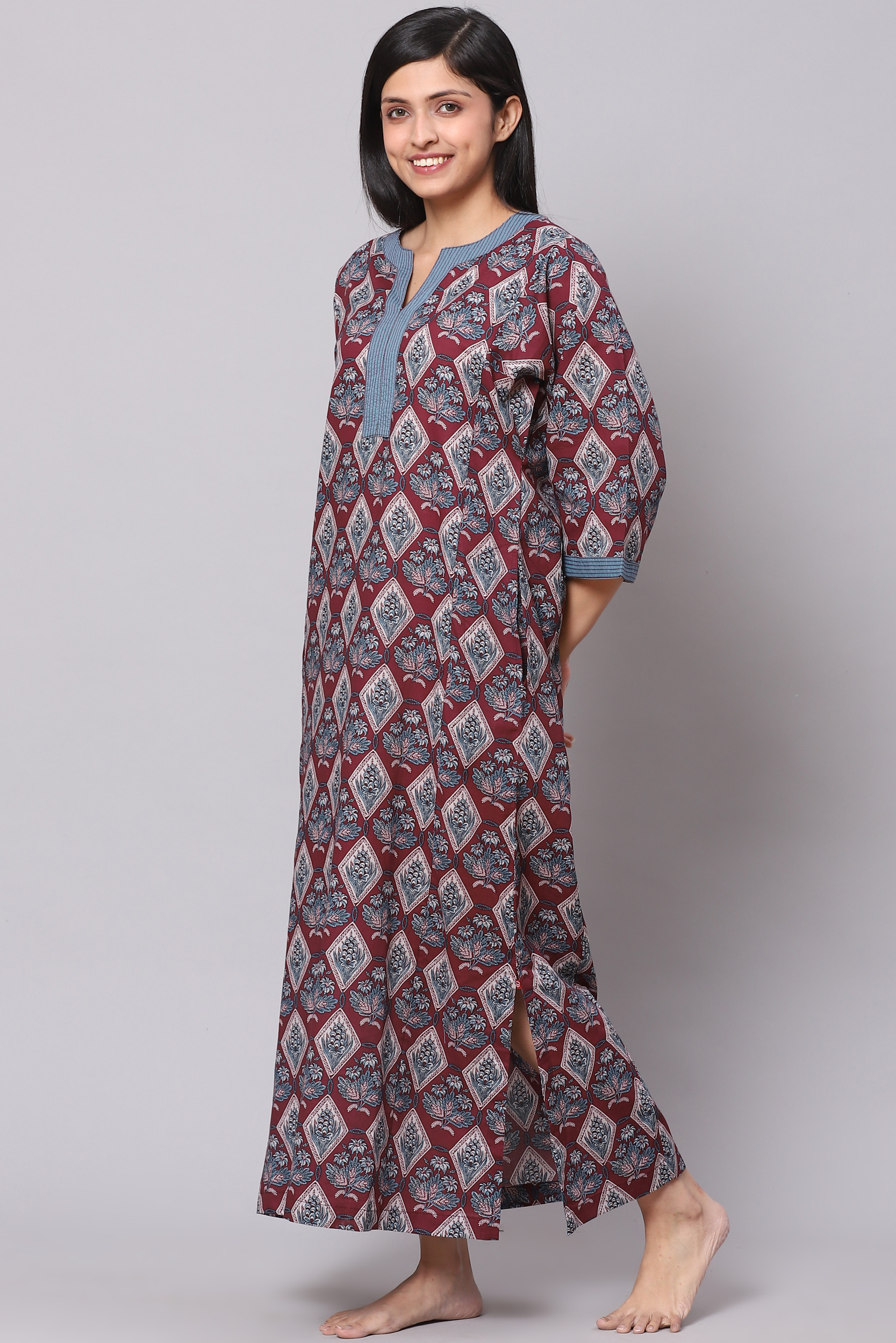 Wine Straight Art Silk Printed Sleepwear image number 2