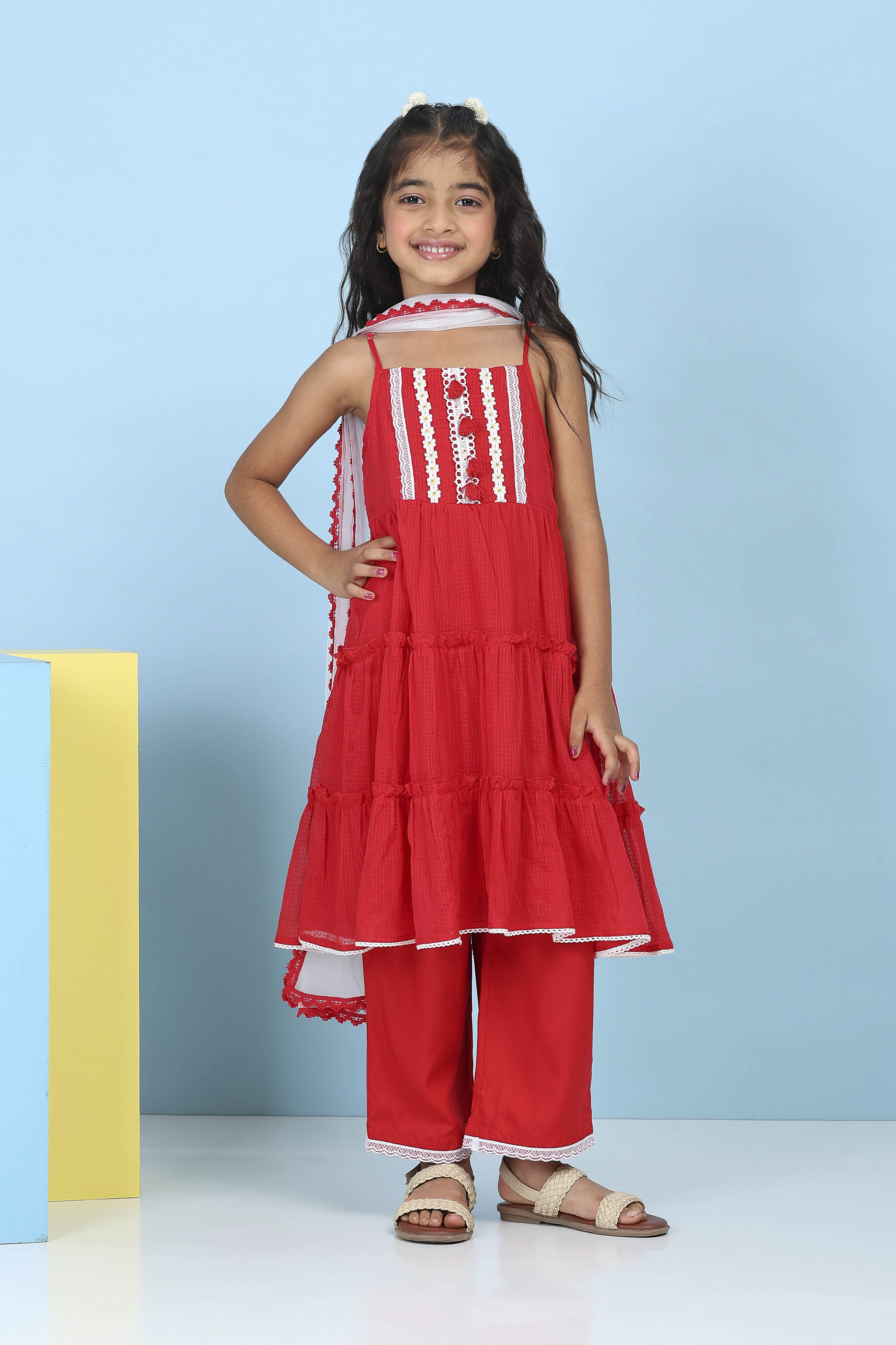 Red Cotton Solid Tiered Suit Set image number 6