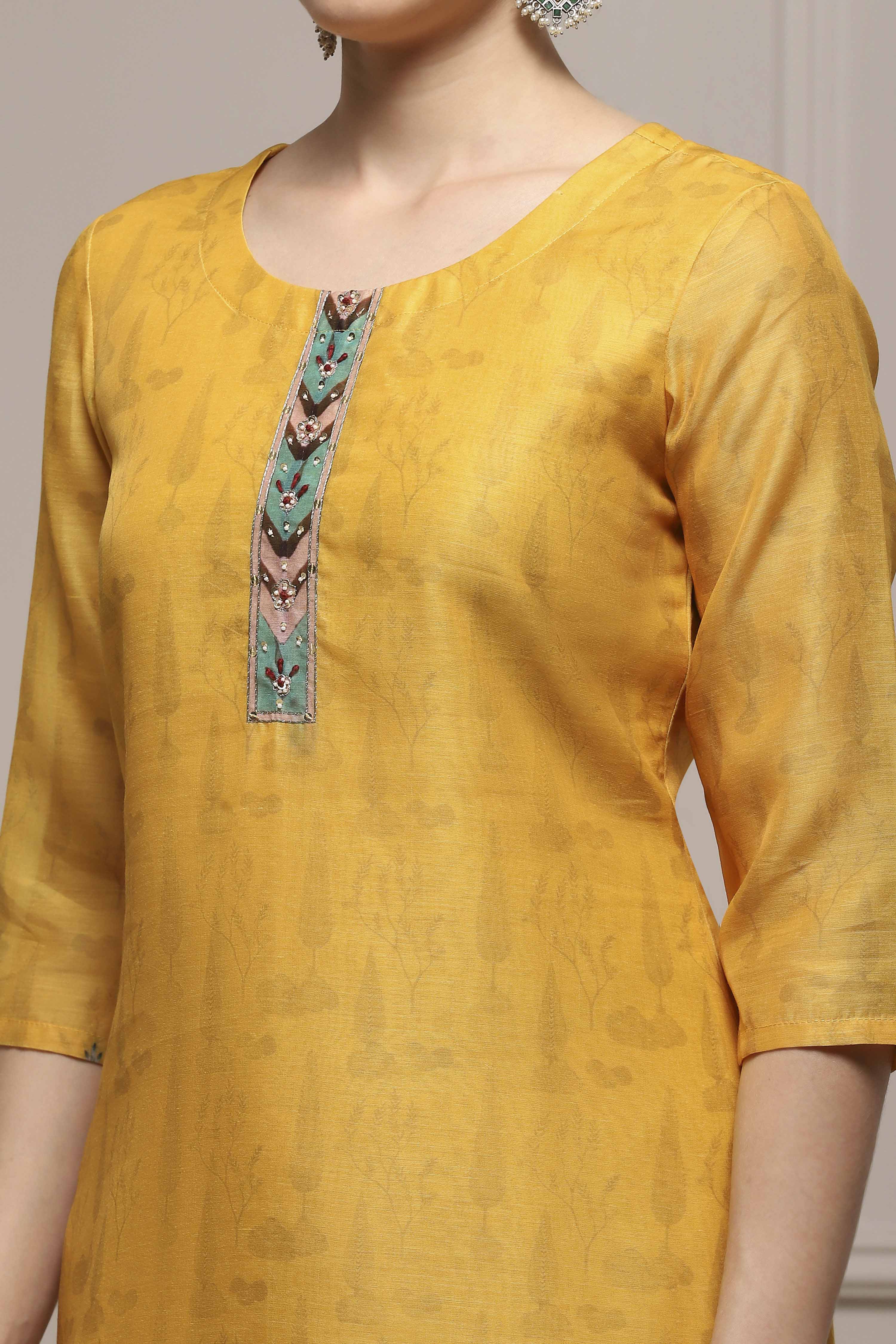 Yellow Chanderi Blend Printed Embroidered Unstitched Suit Set image number 2
