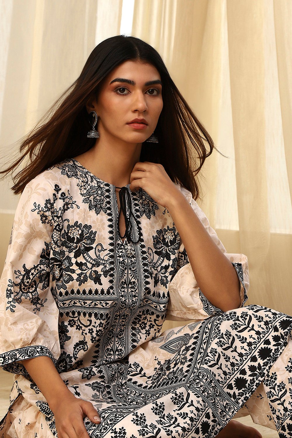 Beige and Brown Pure Cotton Printed Kurta Set image number 0