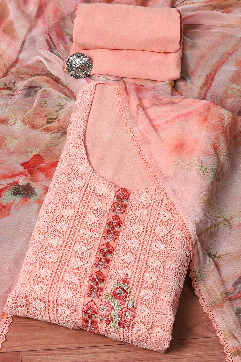 Peach Muslin Lace Unstitched Suit Set image number 0