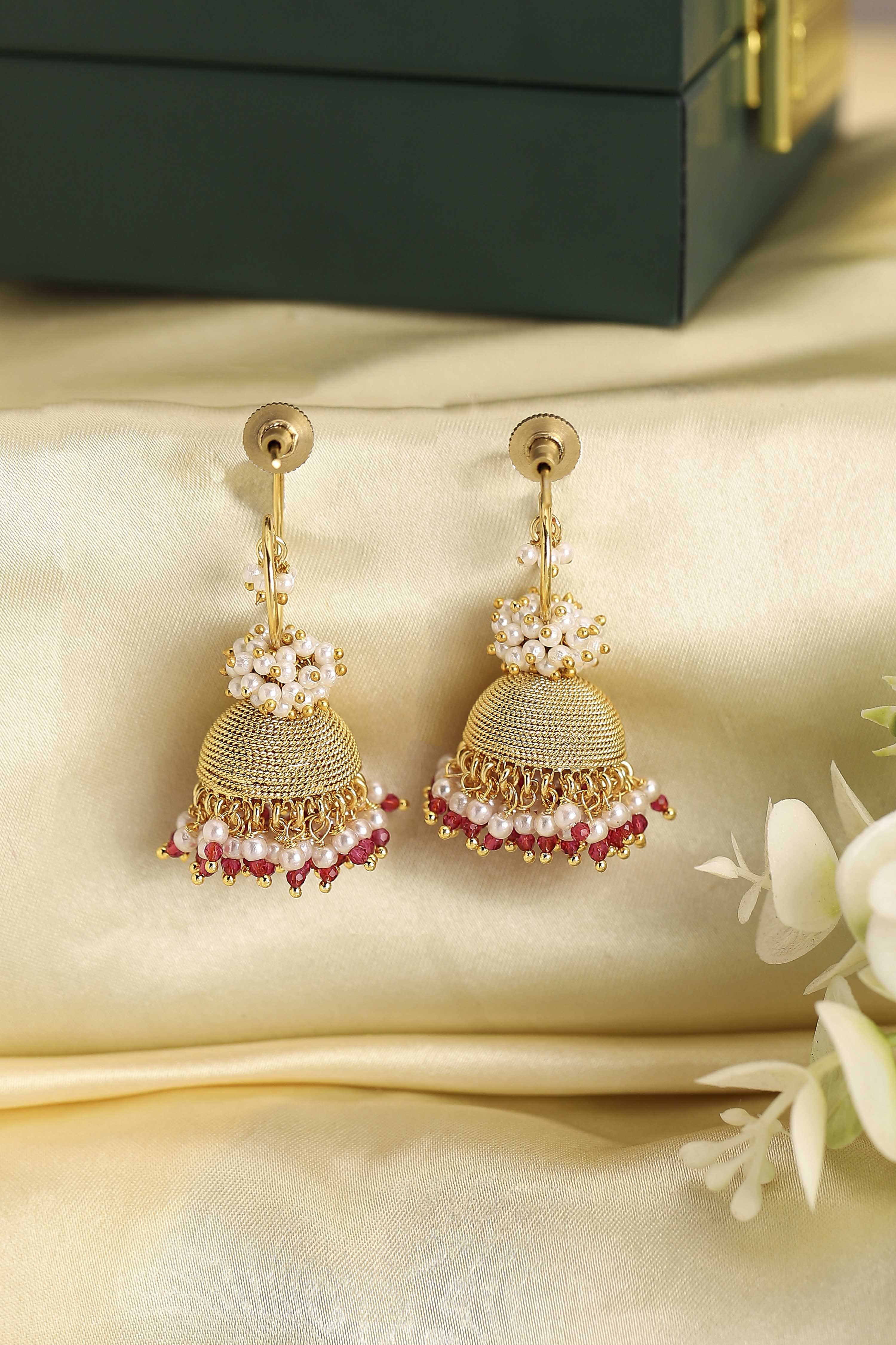 Pink Gold Plated Brass Pearl Studded Jhumkas image number 2