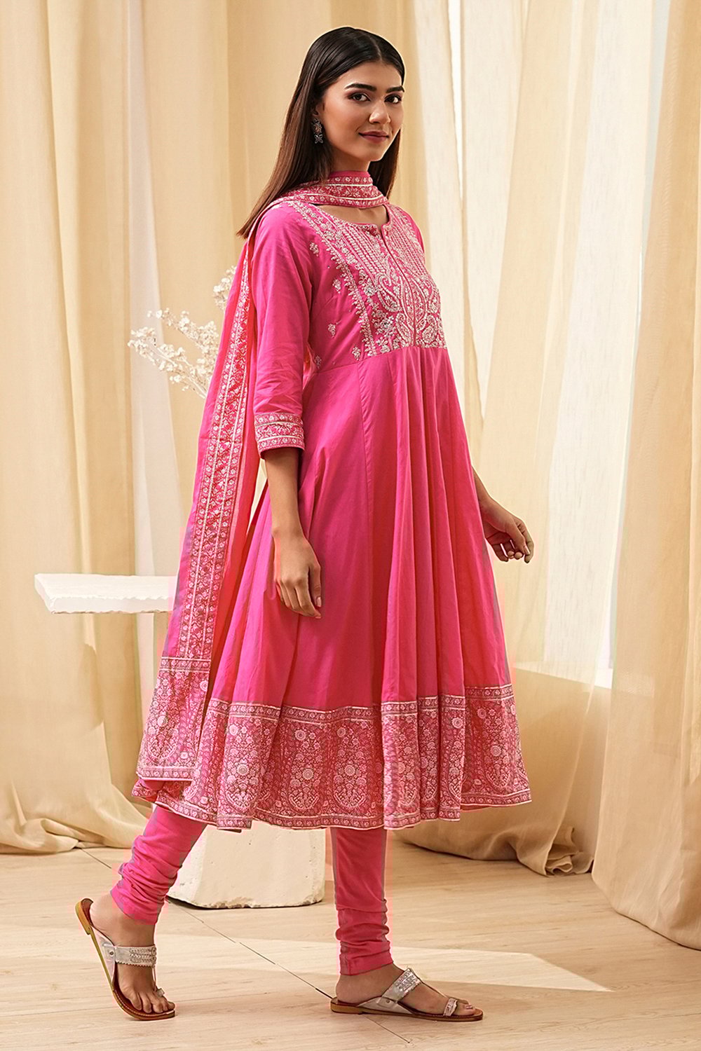 Blue Cotton Embroidered Anarkali Suit Set image number 5