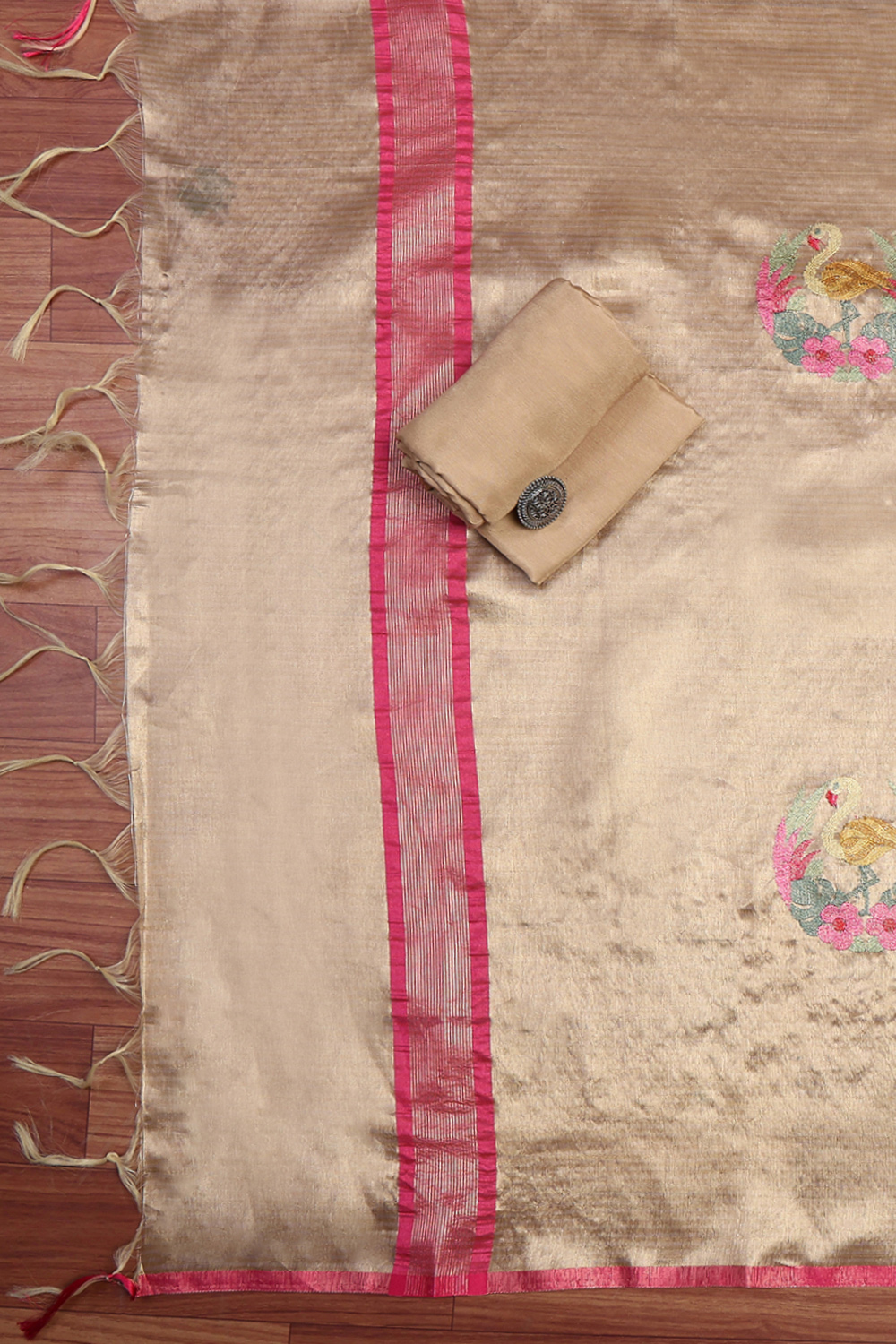 Gold Tissue Machine Embroidered Unstitched Suit Set image number 3