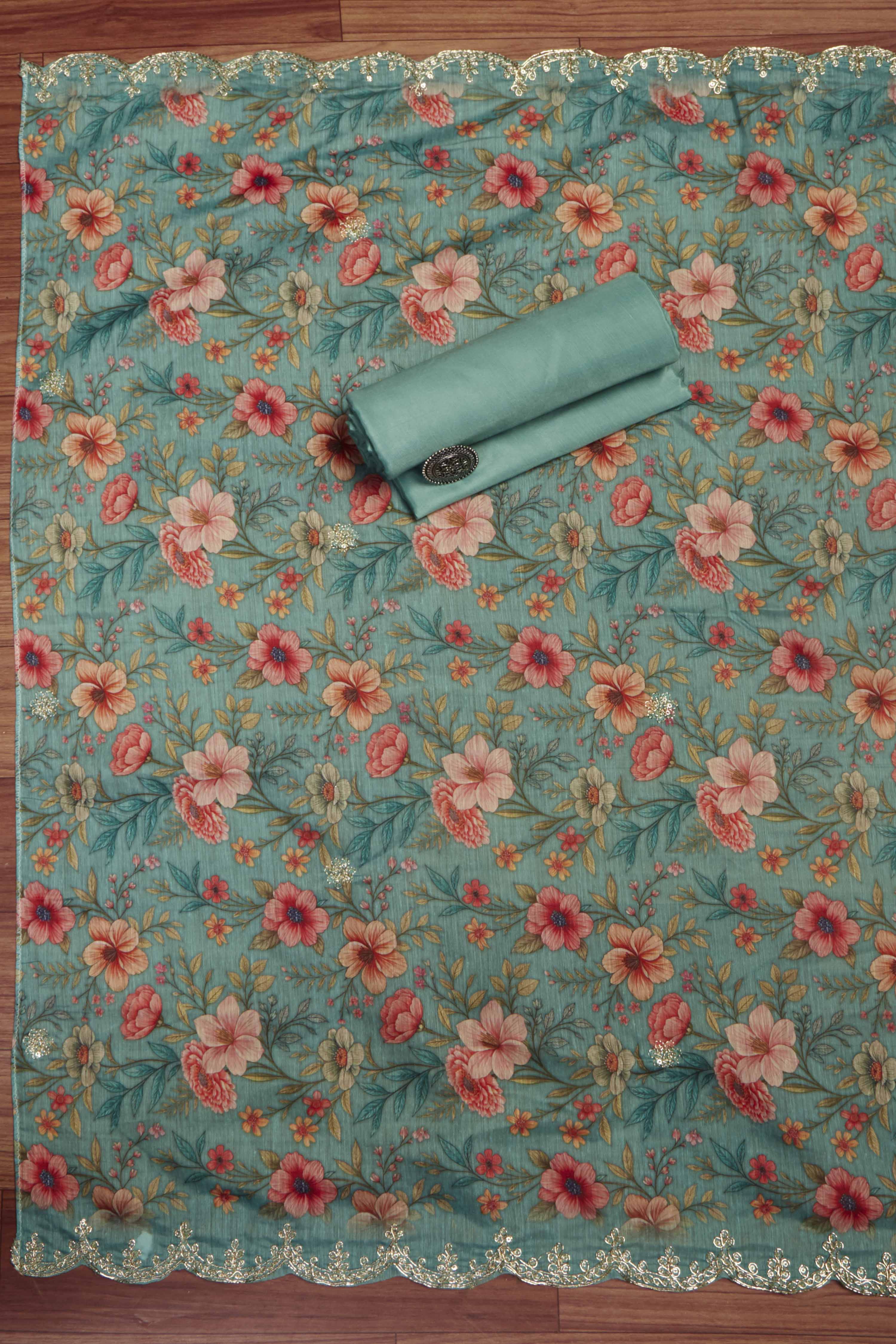 Teal Chanderi Unstitched Suit Set image number 3