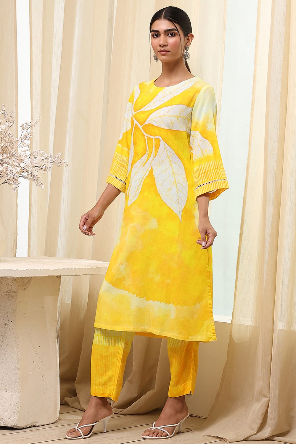 Turquoise Viscose Blend Straight Printed Fusion Set image number 3