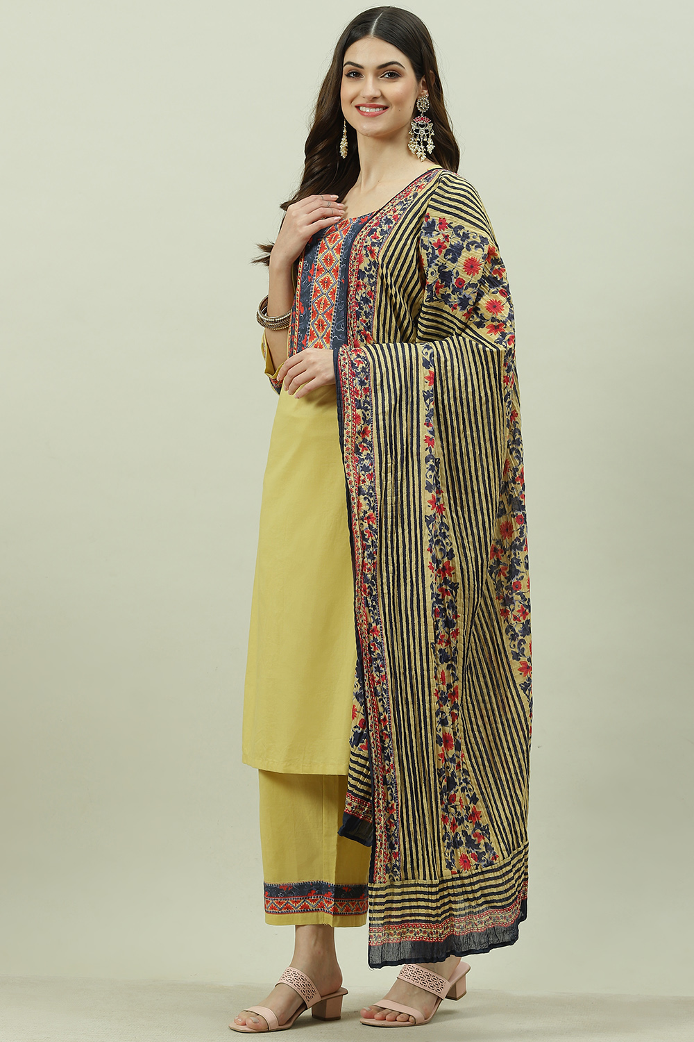 Beige Solid Cotton Straight Kurta Palazzo Suit Set image number 5