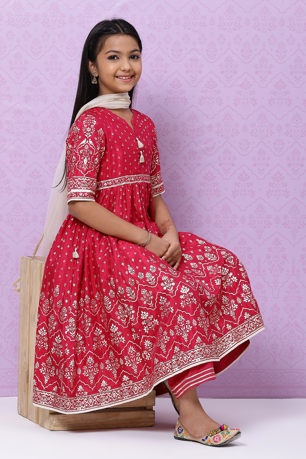 Berry Pink Viscose Girls Anarkali Straight Kurta Palazzo Suit Set image number 0