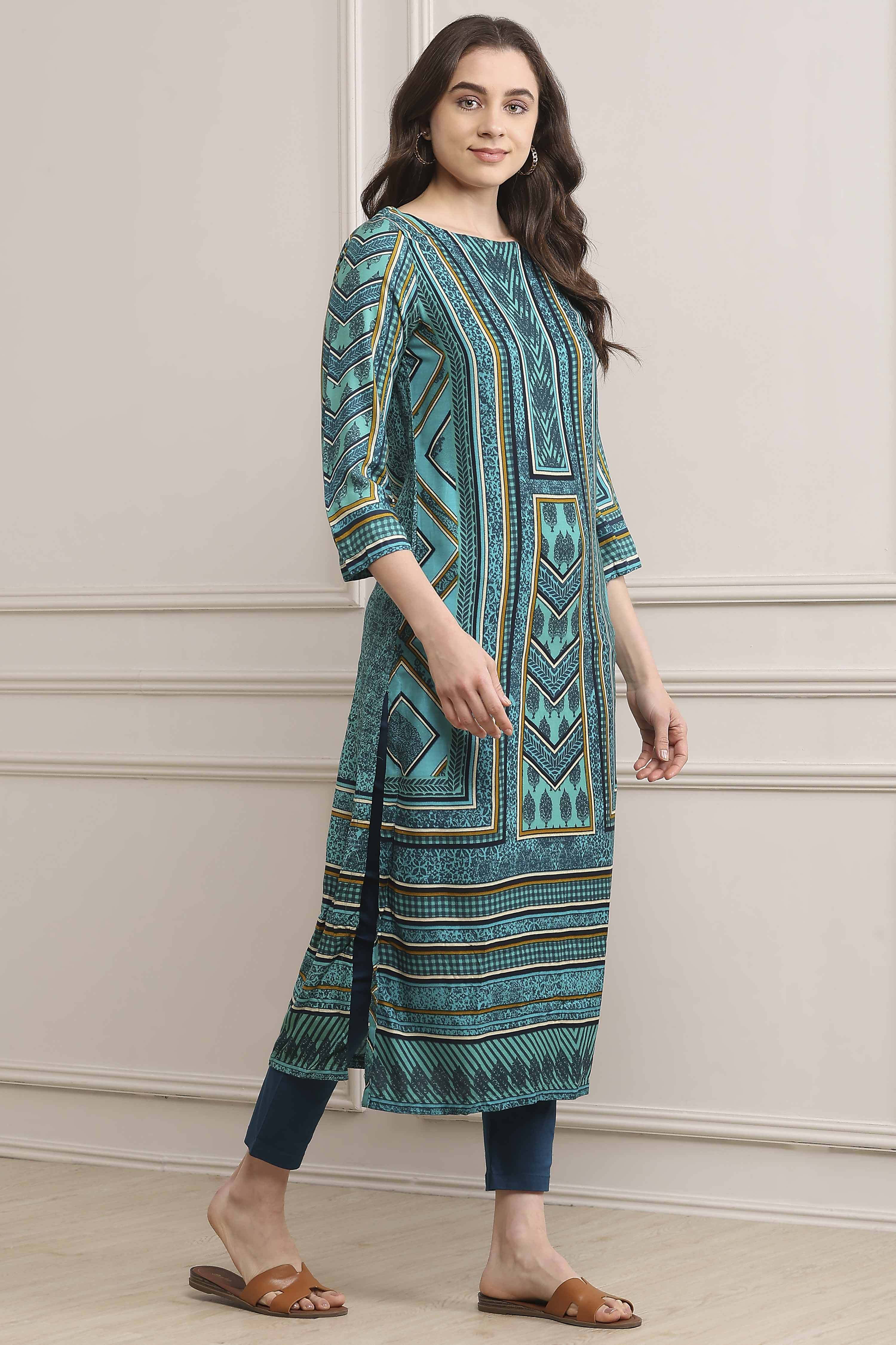 Turquoise LIVA Straight Printed Kurta image number 4