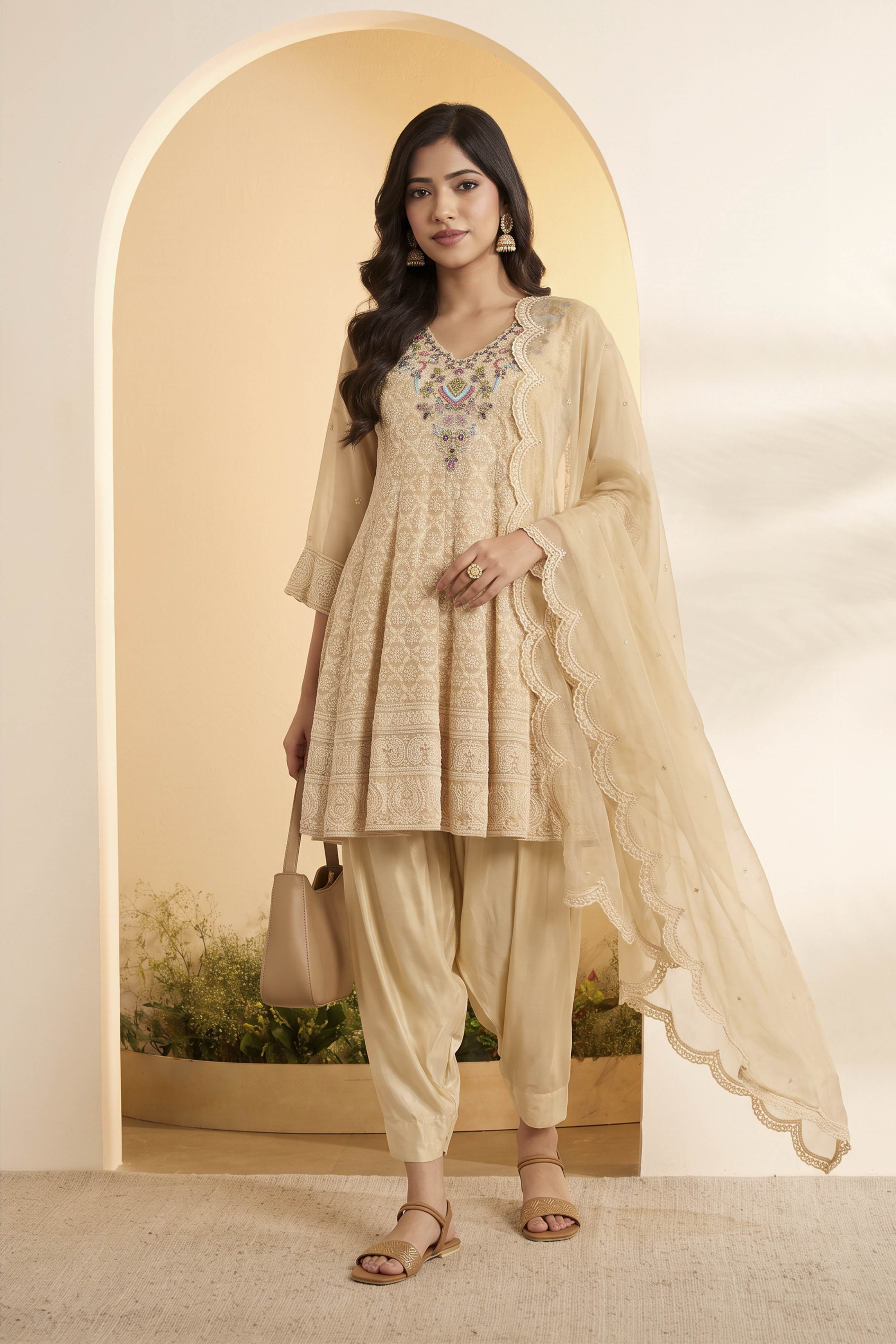 Beige Polyester Kalidar Suit Set image number 0