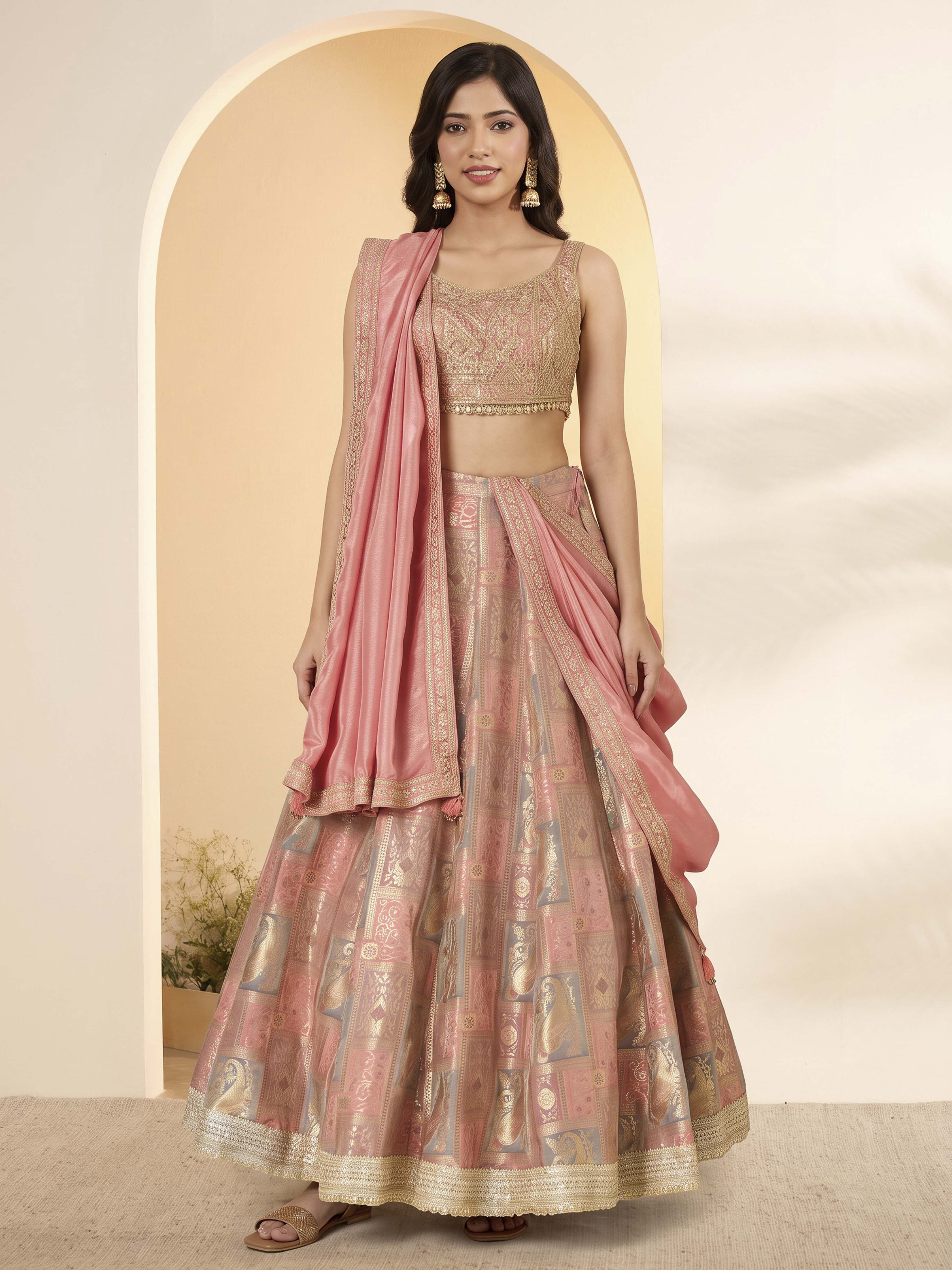 Light Pink Silk Kalidar Lehenga Set image number 5
