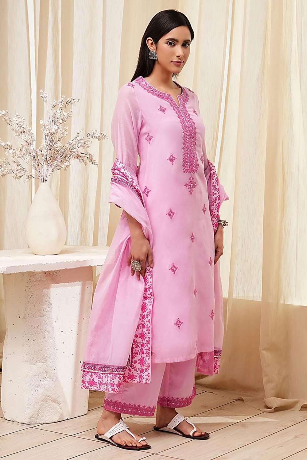 Pink Embroidered Straight Suit Set image number 5
