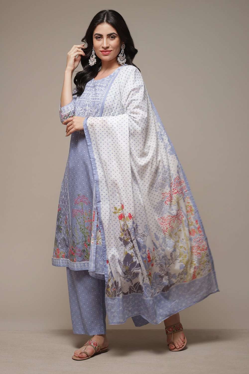 Powder Blue Cotton Straight Kurta Palazzo Suit Set