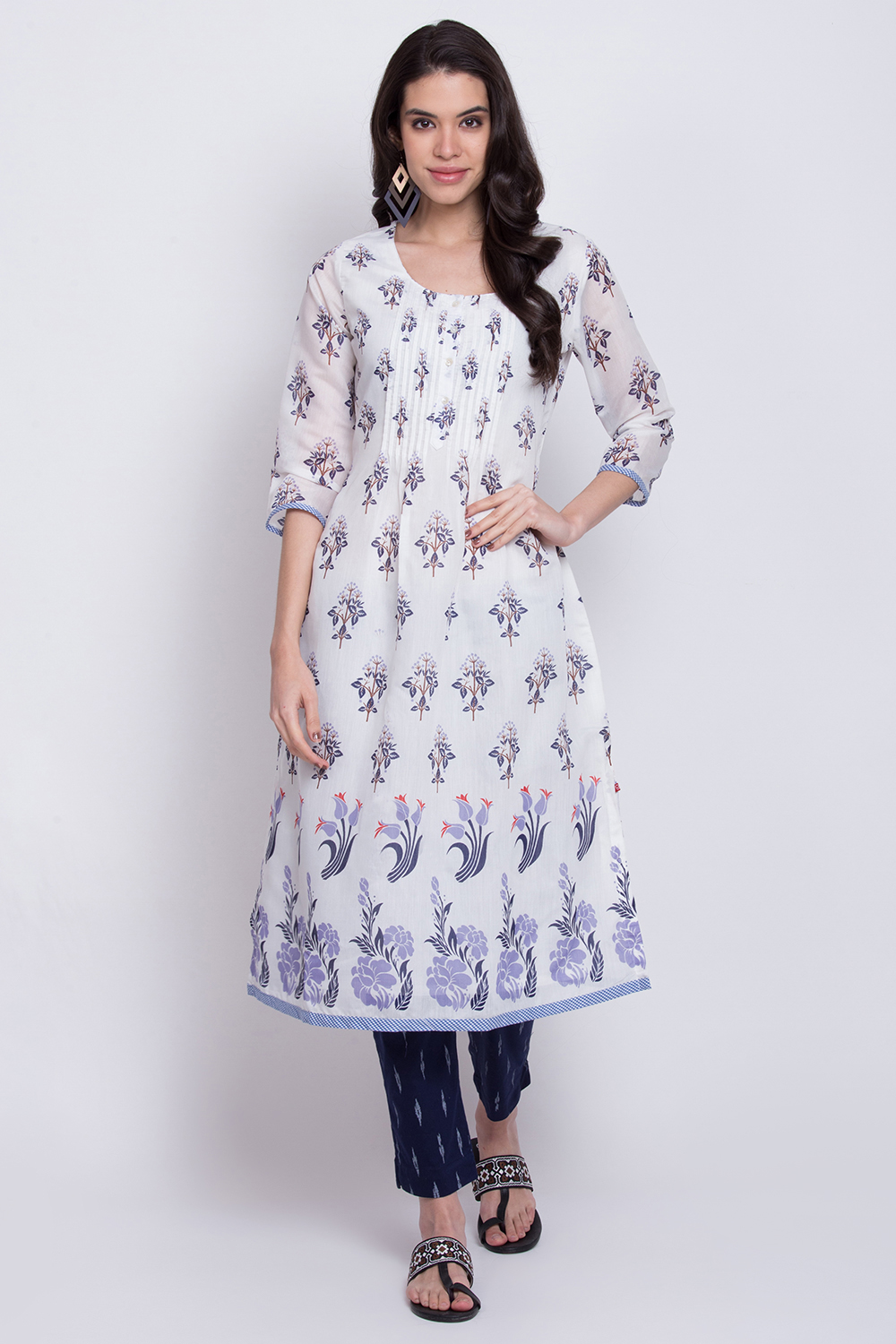 White Poly Cotton A-Line Kurta Slim Pant Suit Set image number 0