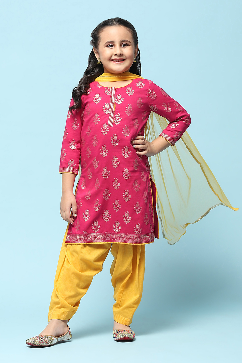 Fuchsia Cotton Straight Printed Kurta Patiyala Salwar Suit Set image number 0