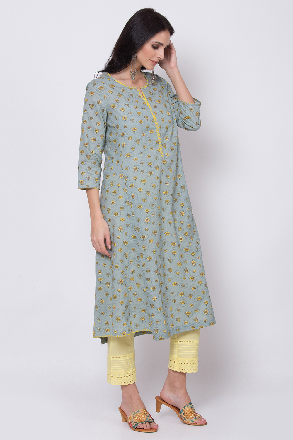 Teal Cotton A-Line Printed Kurta image number 3