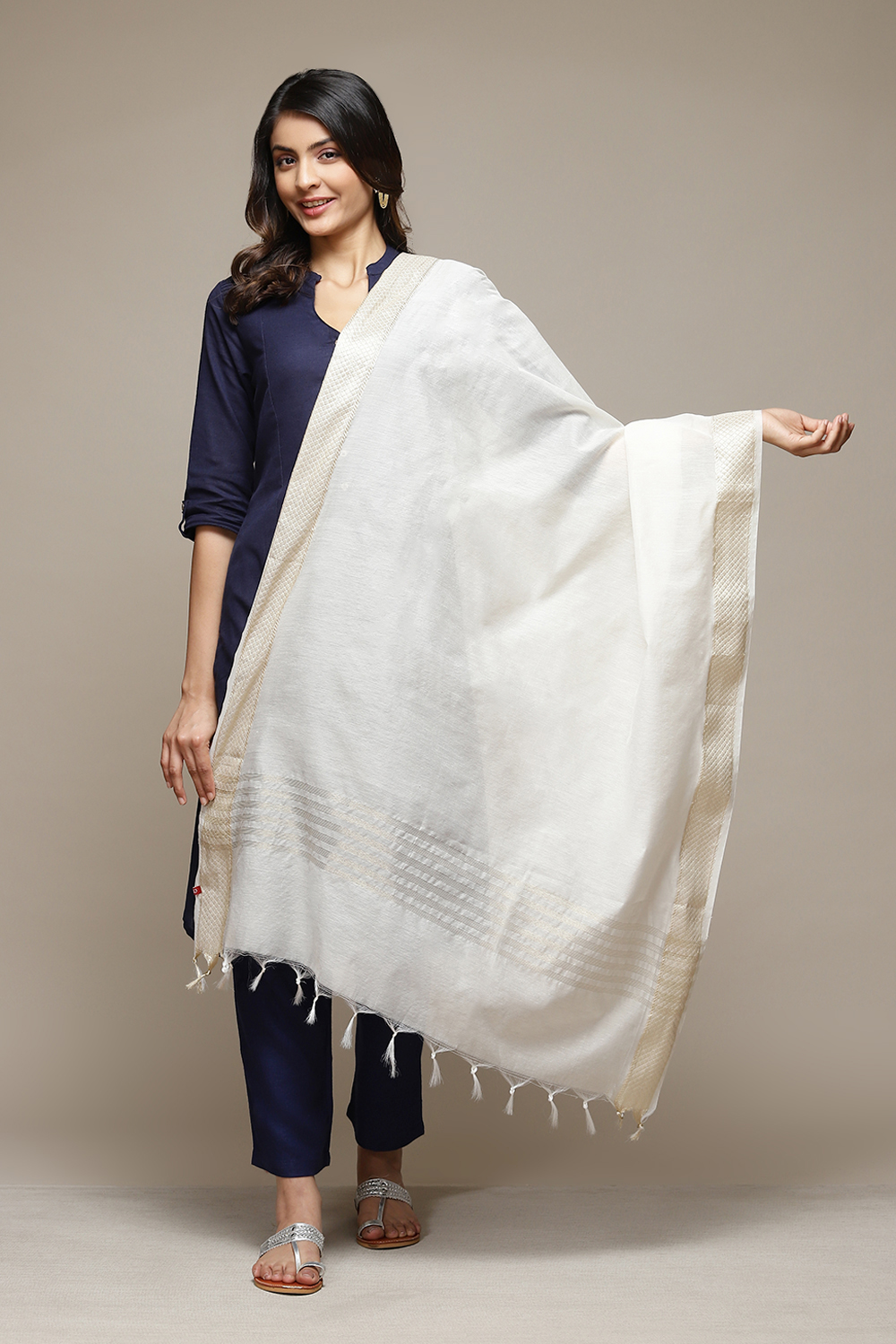 Off White Cotton Blend Dupatta image number 0