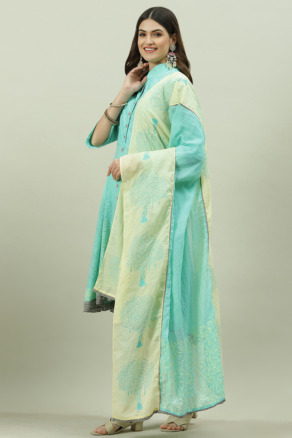 Aqua Cotton Asymmetric Kurta Churidar Suit Set image number 5